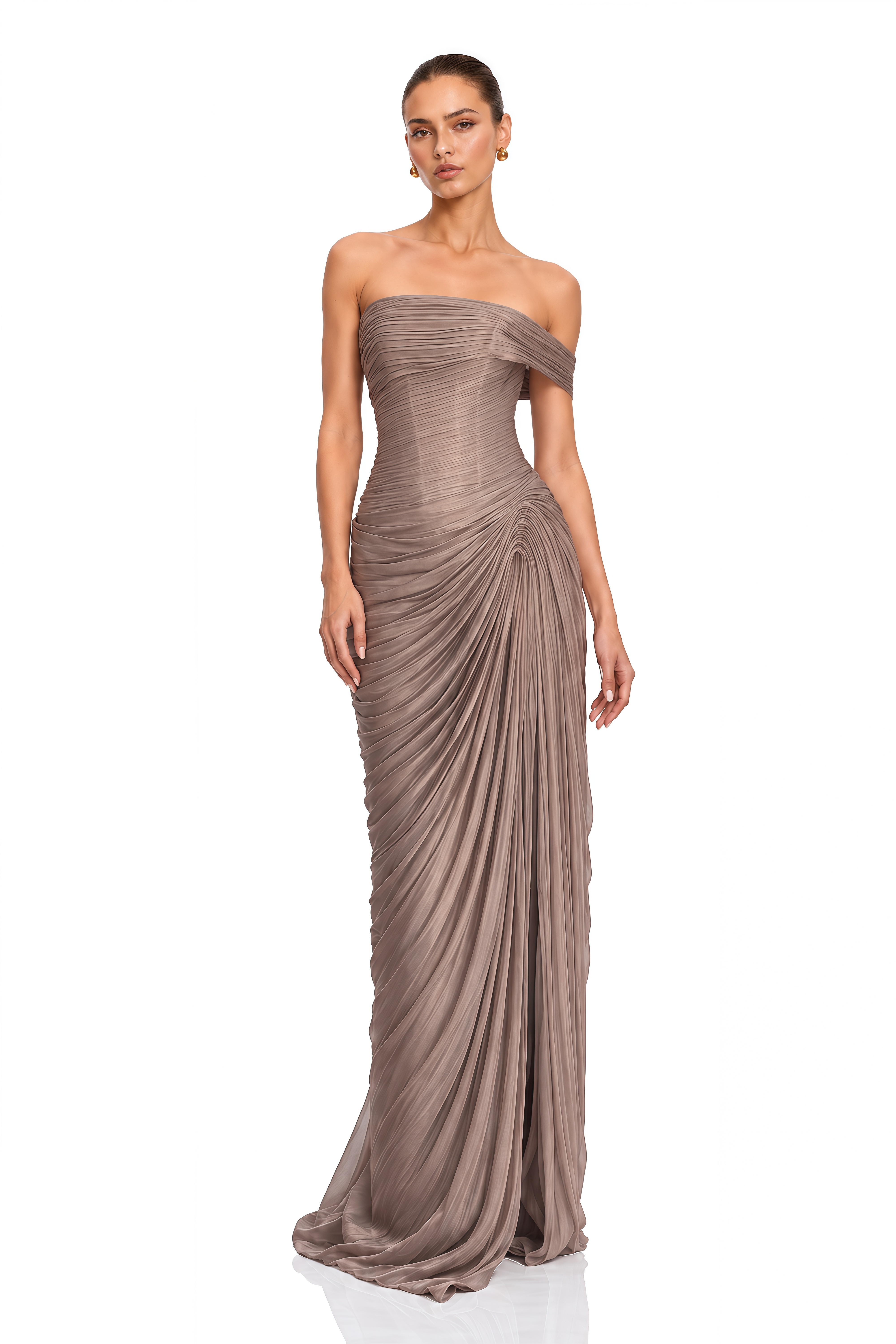 Eulalia Bronze Off Shoulder Ruched Slit Maxi Dress
