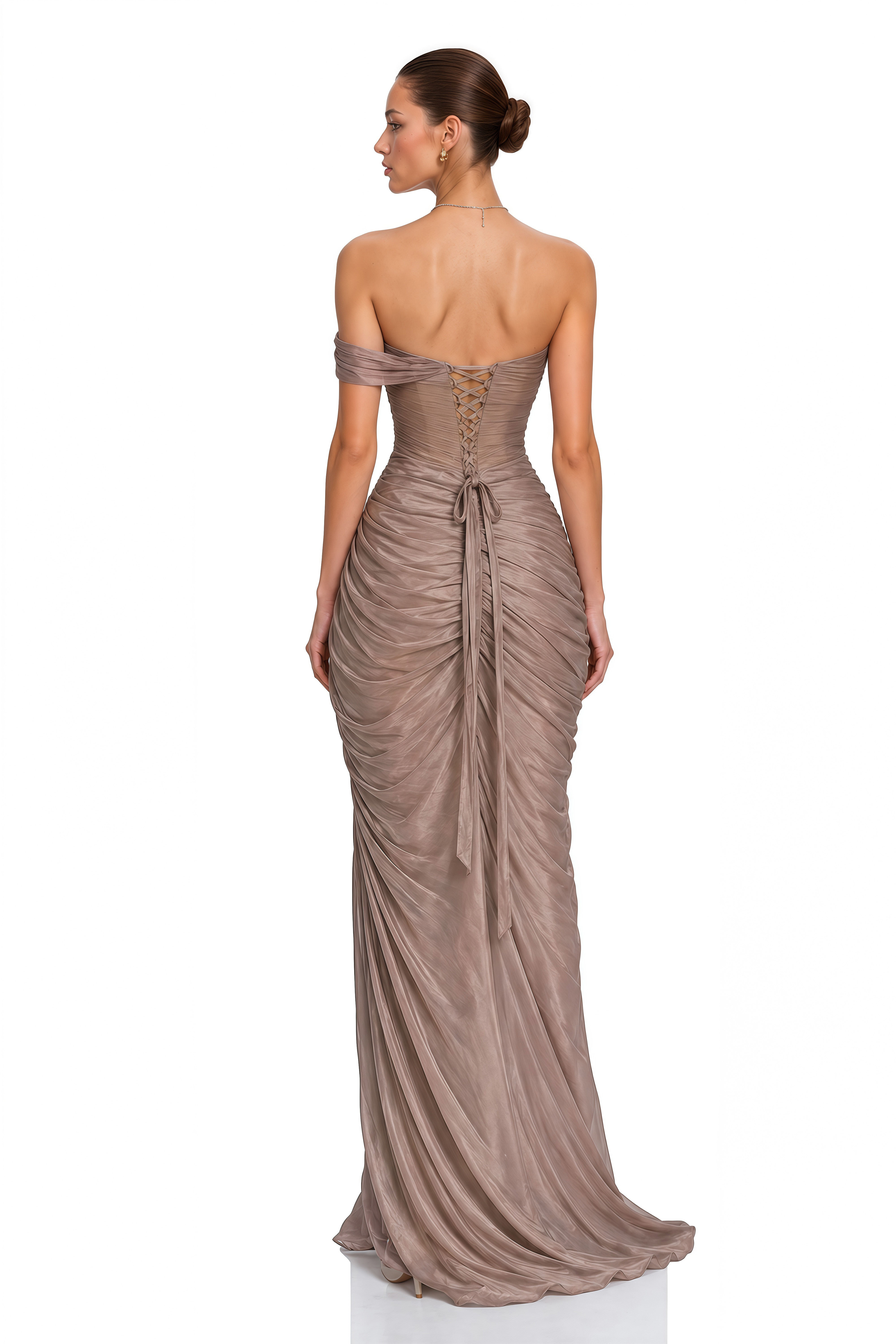 Eulalia Bronze Off Shoulder Ruched Slit Maxi Dress
