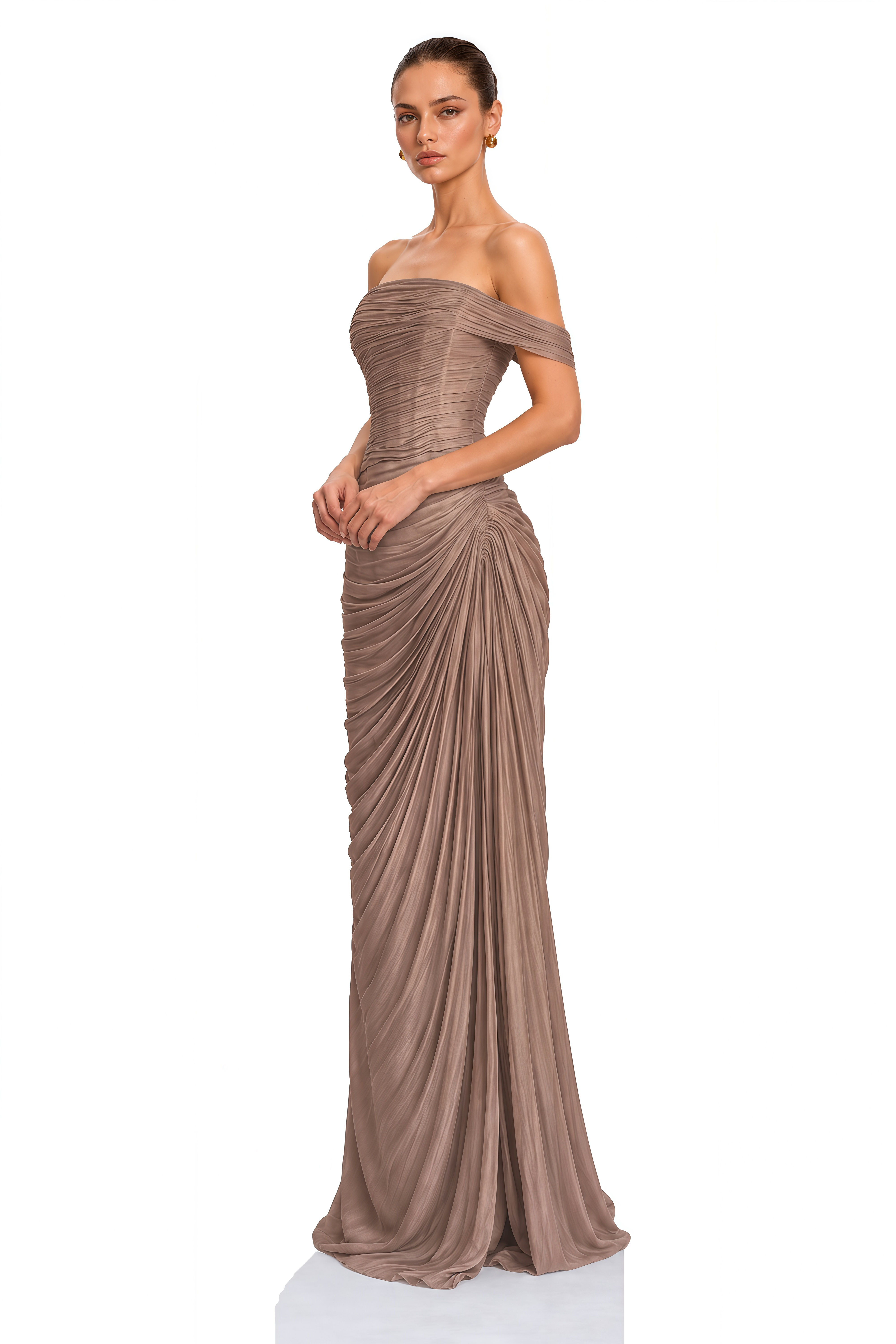 Eulalia Bronze Off Shoulder Ruched Slit Maxi Dress