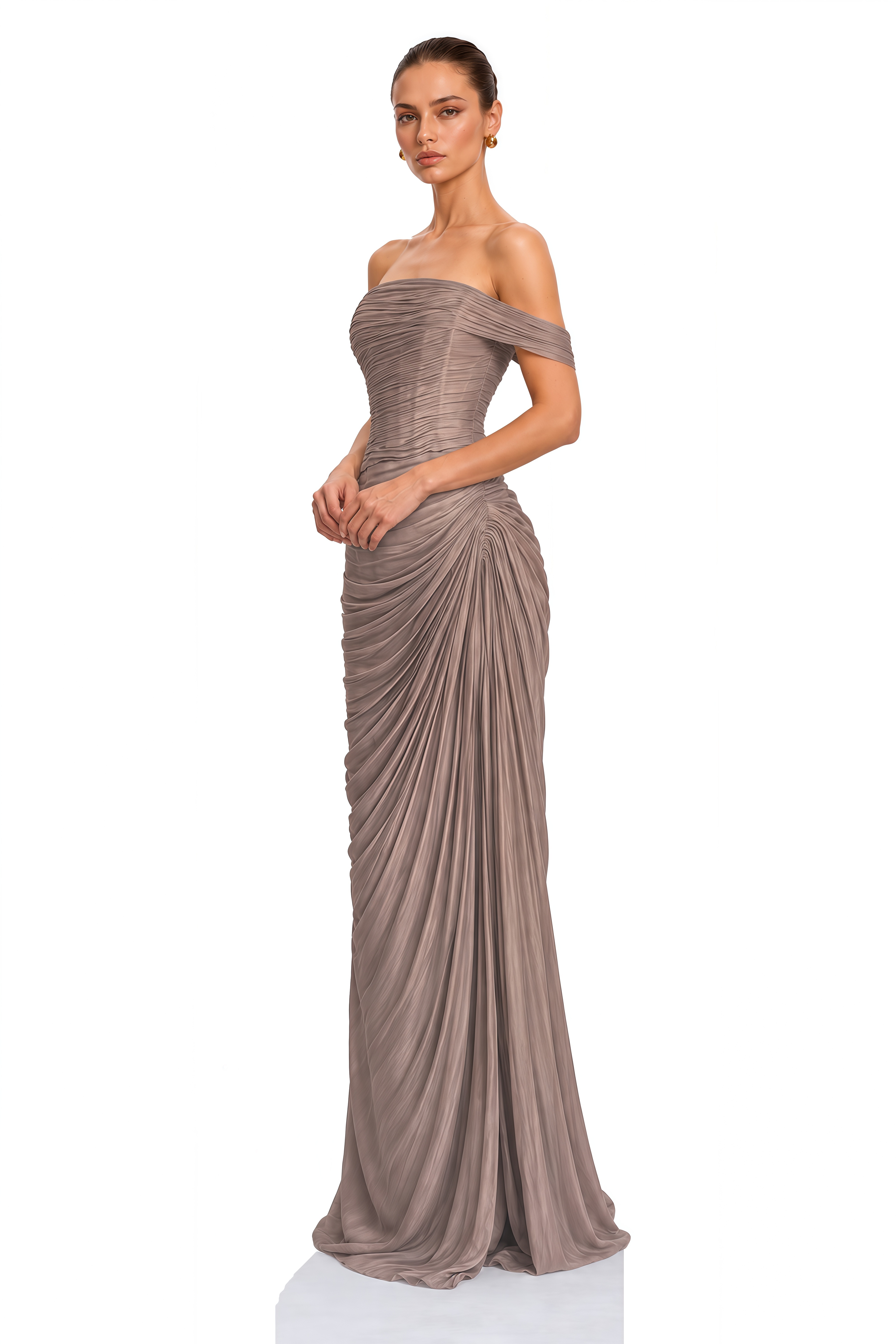 Eulalia Bronze Off Shoulder Ruched Slit Maxi Dress
