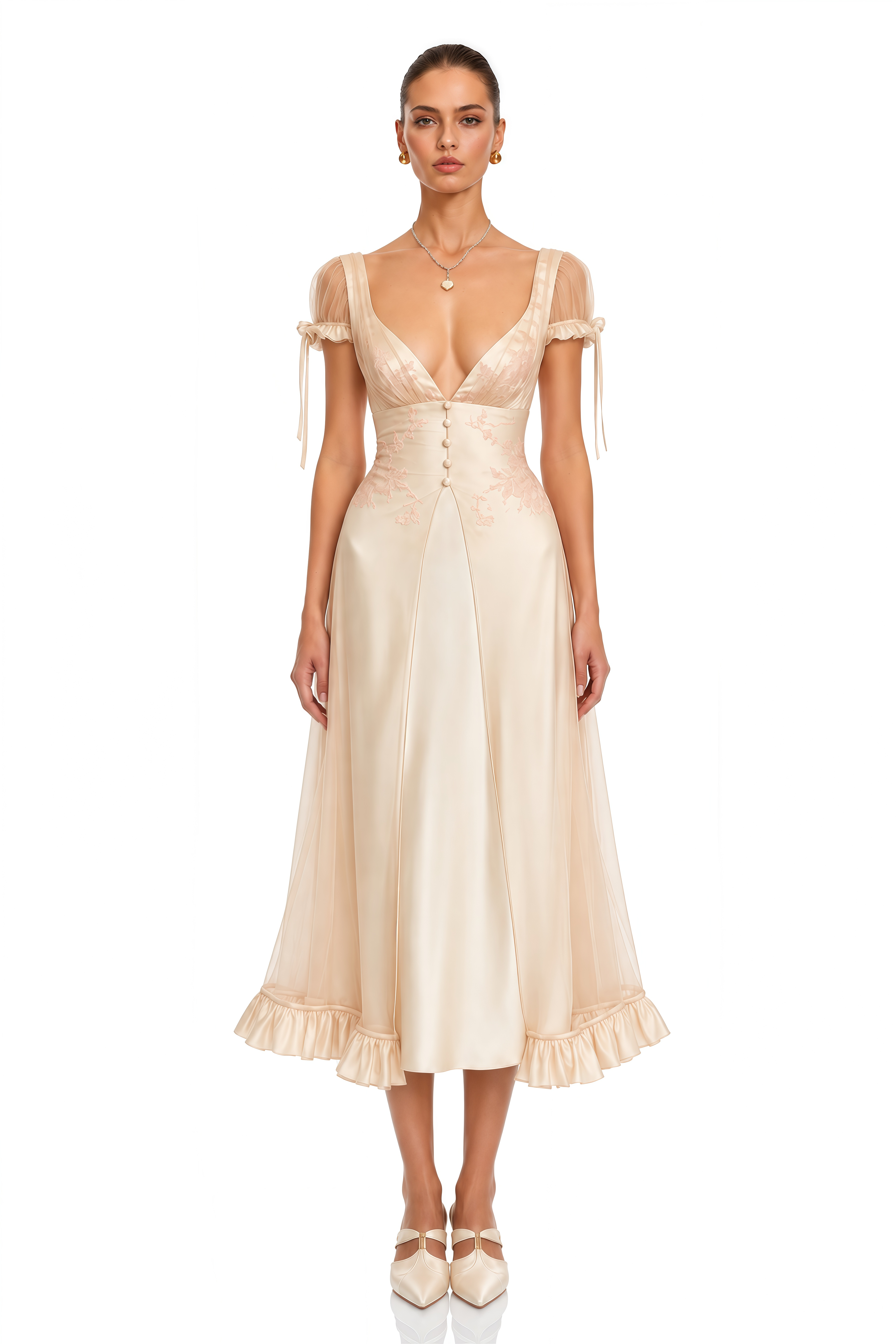 Eulalie Pink Sheer Sleeve Embroidered Satin Midi Dress