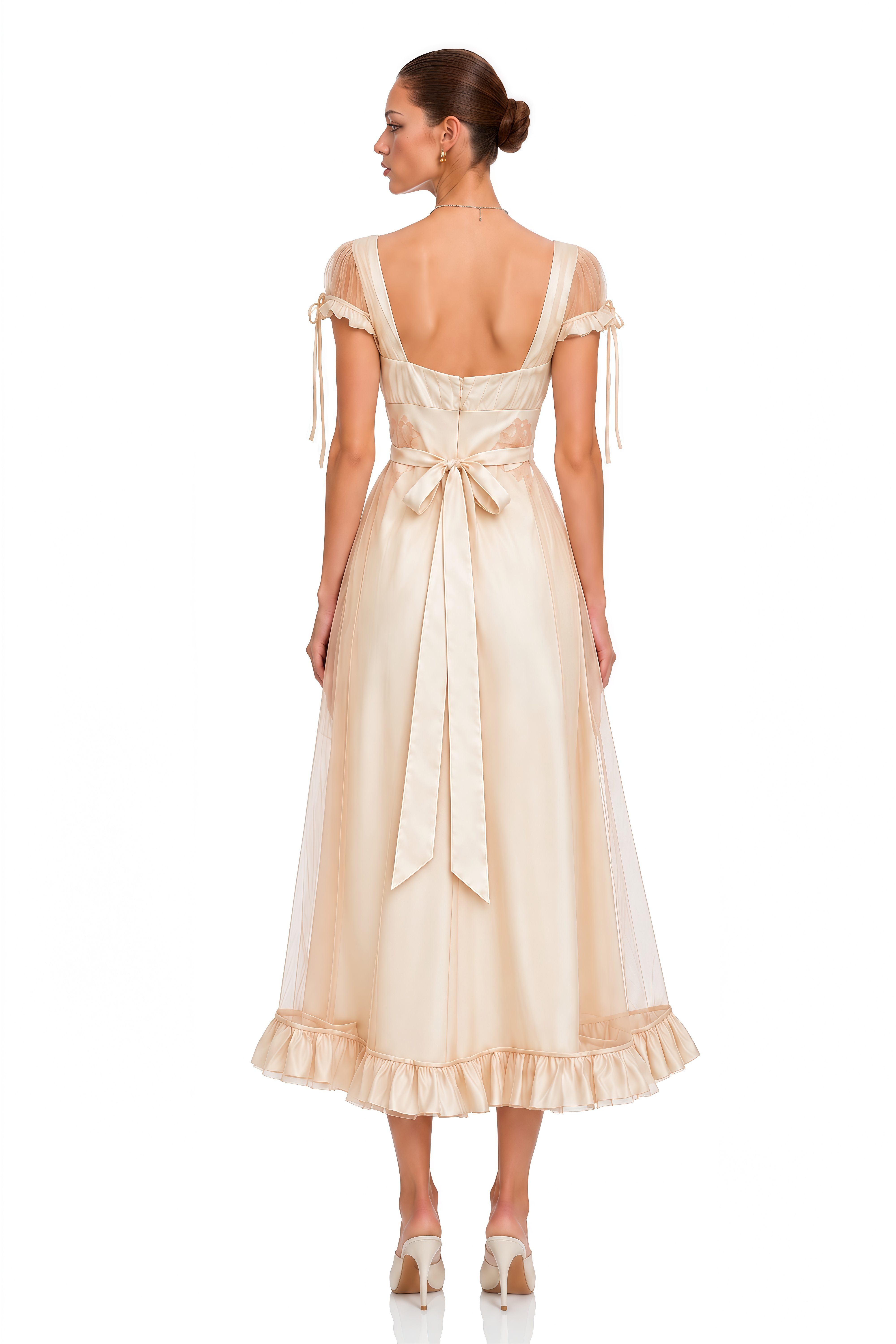 Eulalie Pink Sheer Sleeve Embroidered Satin Midi Dress