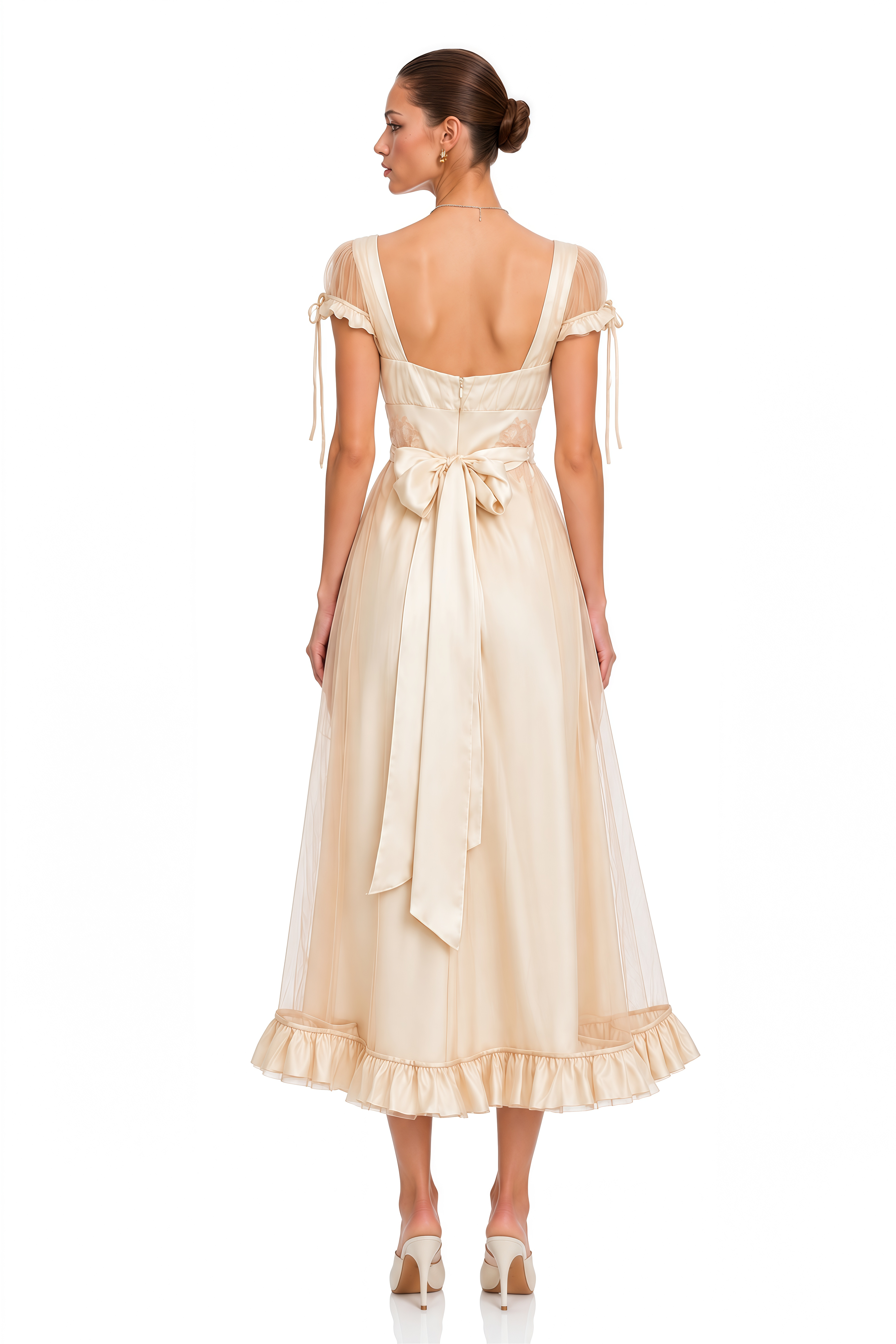 Eulalie Pink Sheer Sleeve Embroidered Satin Midi Dress