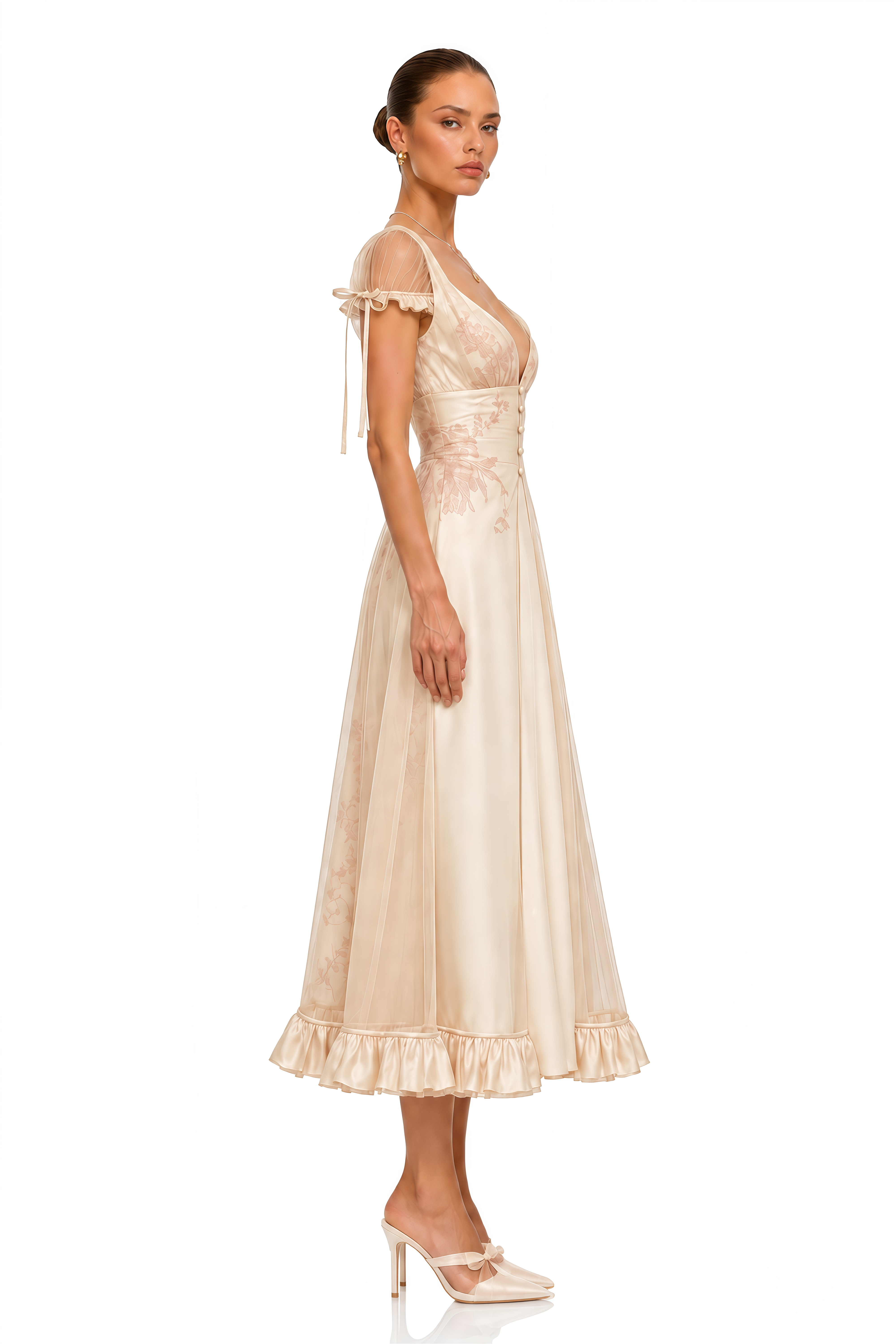 Eulalie Pink Sheer Sleeve Embroidered Satin Midi Dress