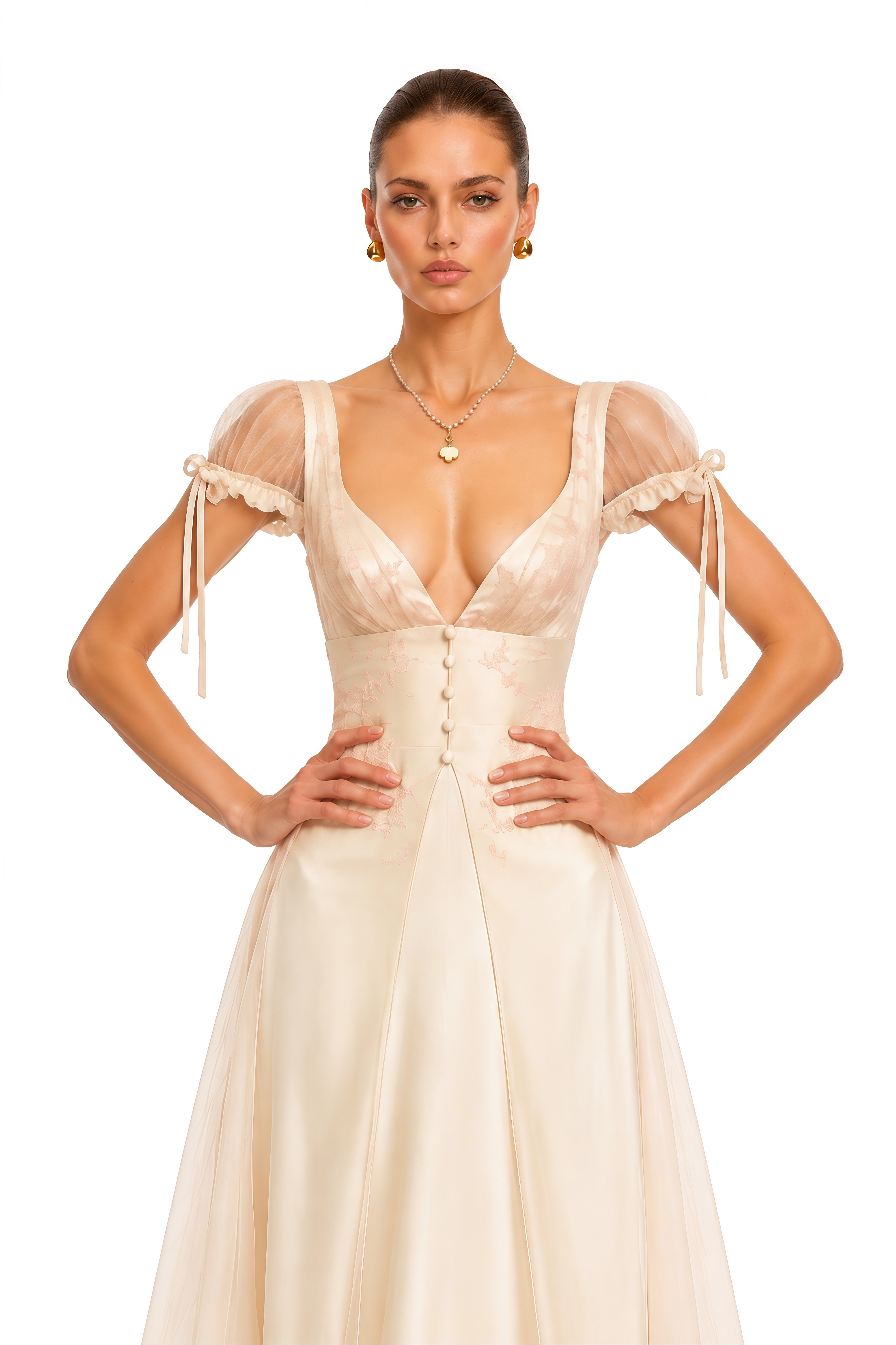 Eulalie Pink Sheer Sleeve Embroidered Satin Midi Dress