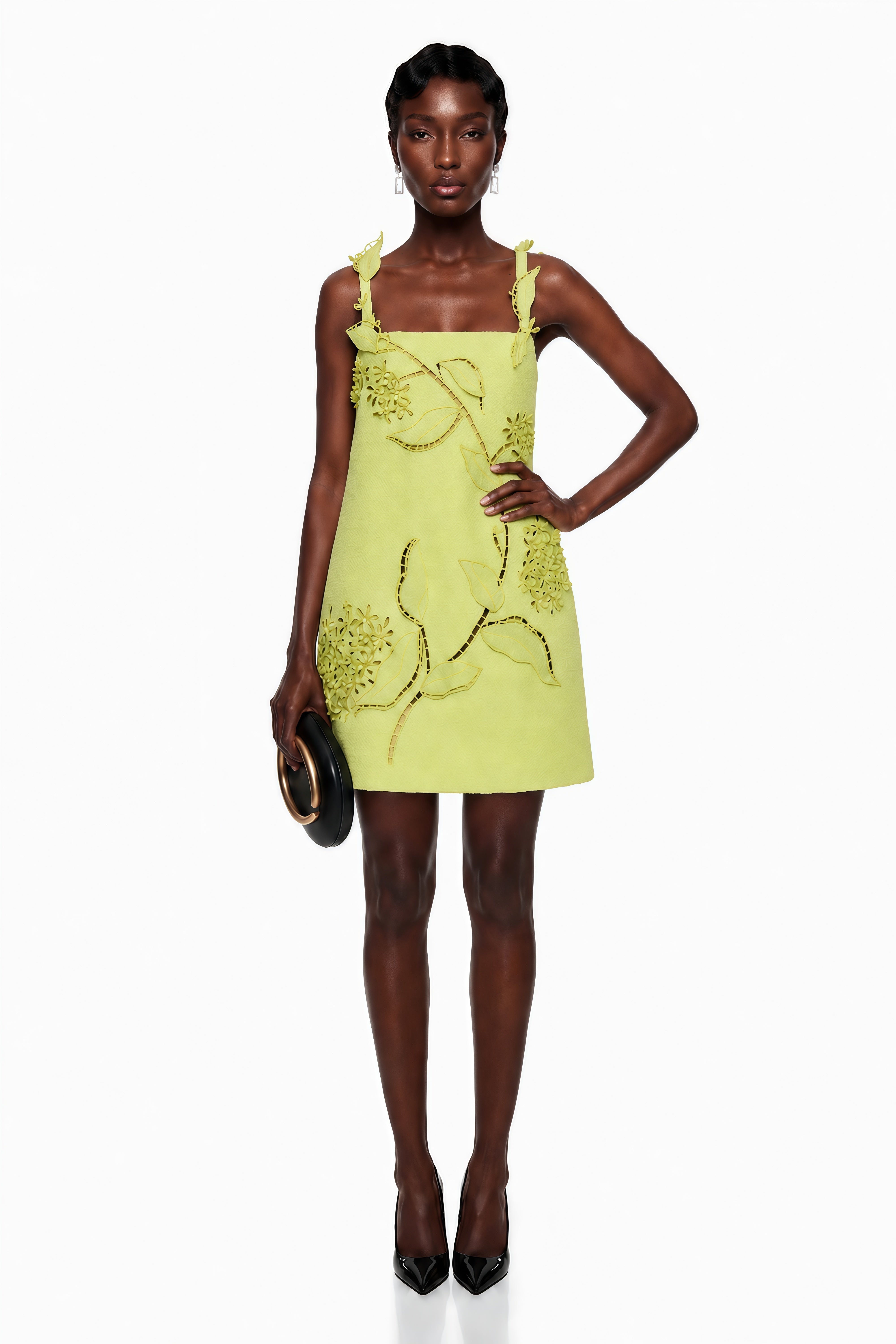 green structured mini dress Eunice Chartreuse Floral Applique short formal short green dress
