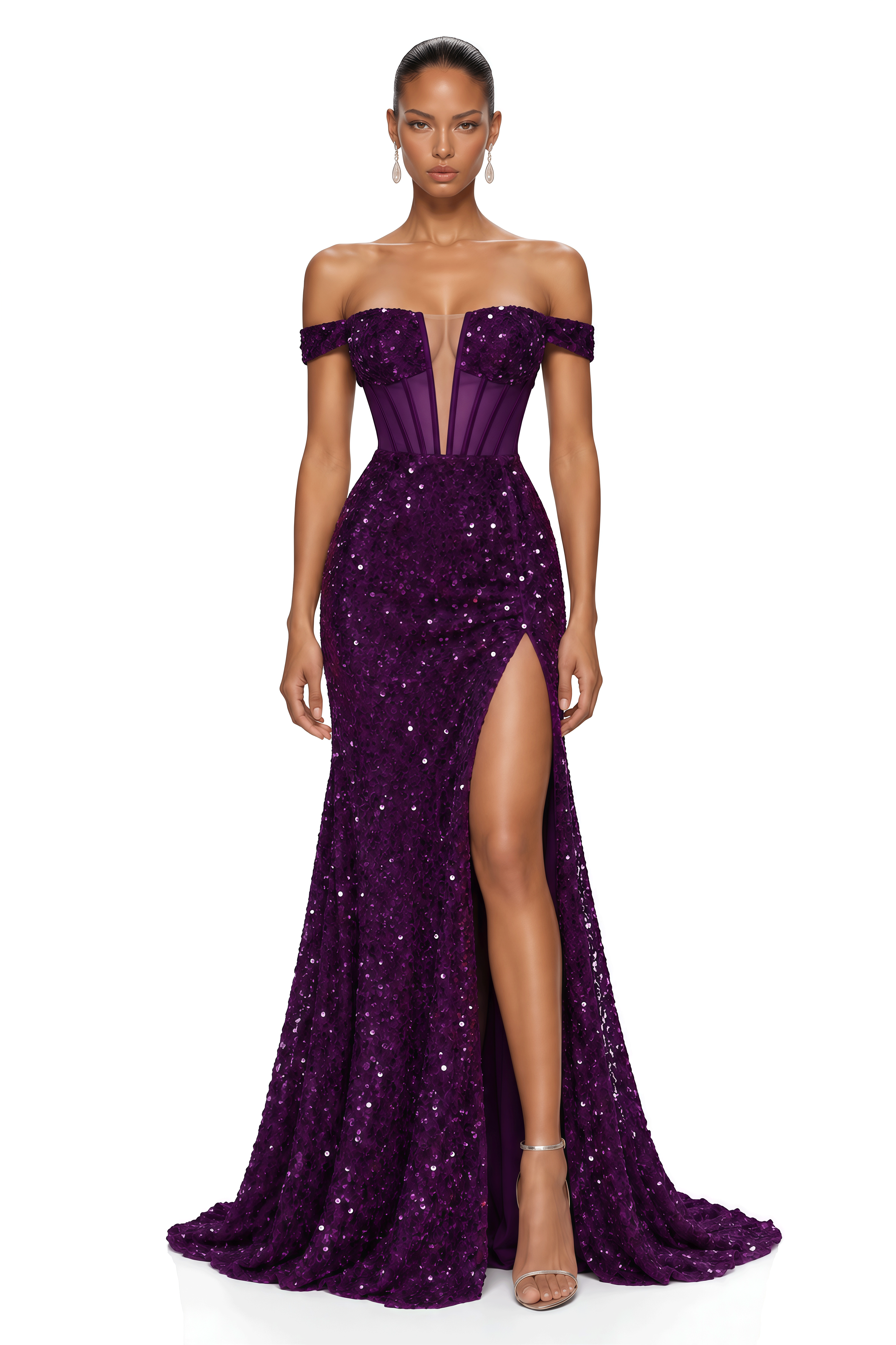 Euphrasie Deep Purple Sequin Corset Slit Maxi Dress