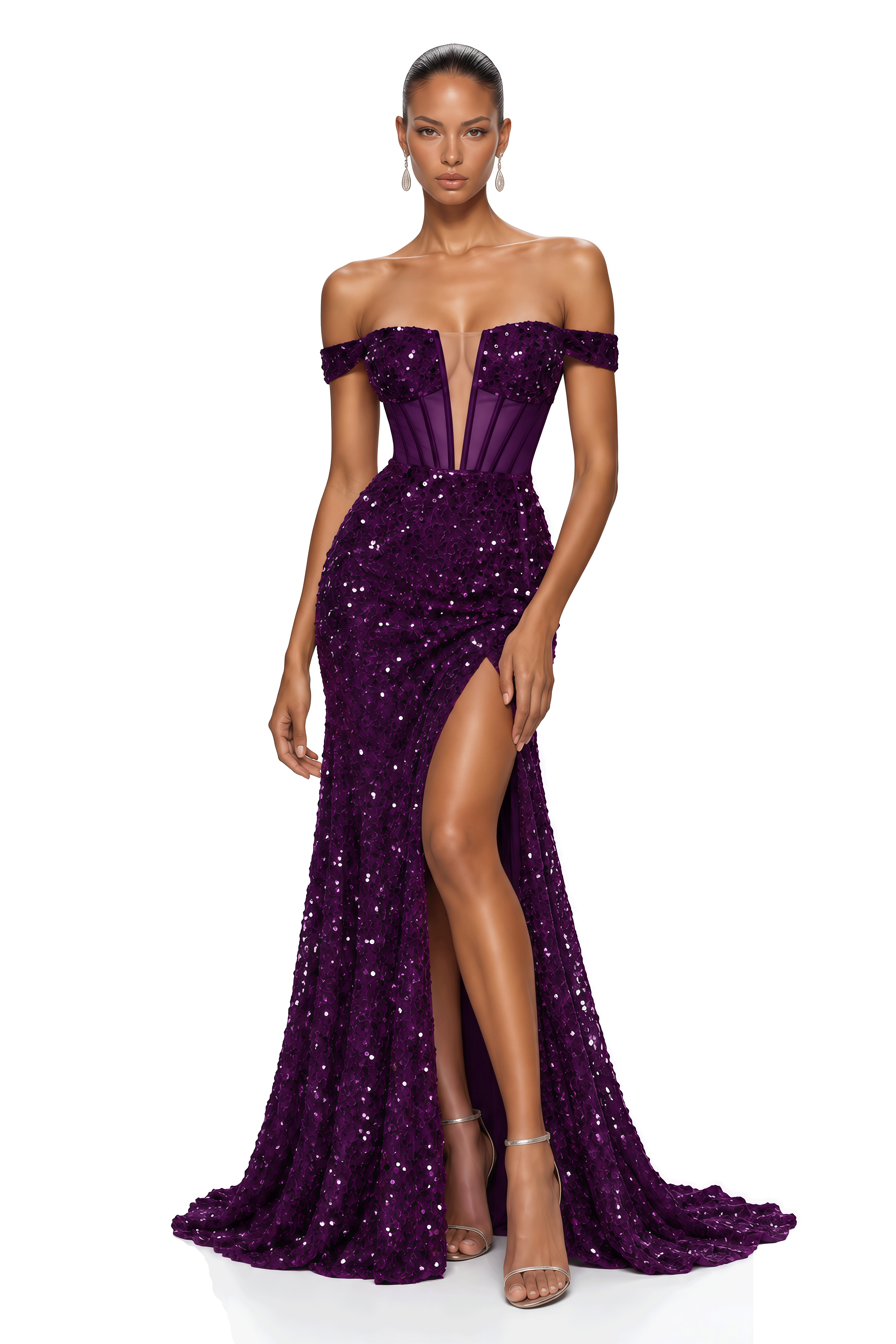Euphrasie Deep Purple Sequin Corset Slit Maxi Dress