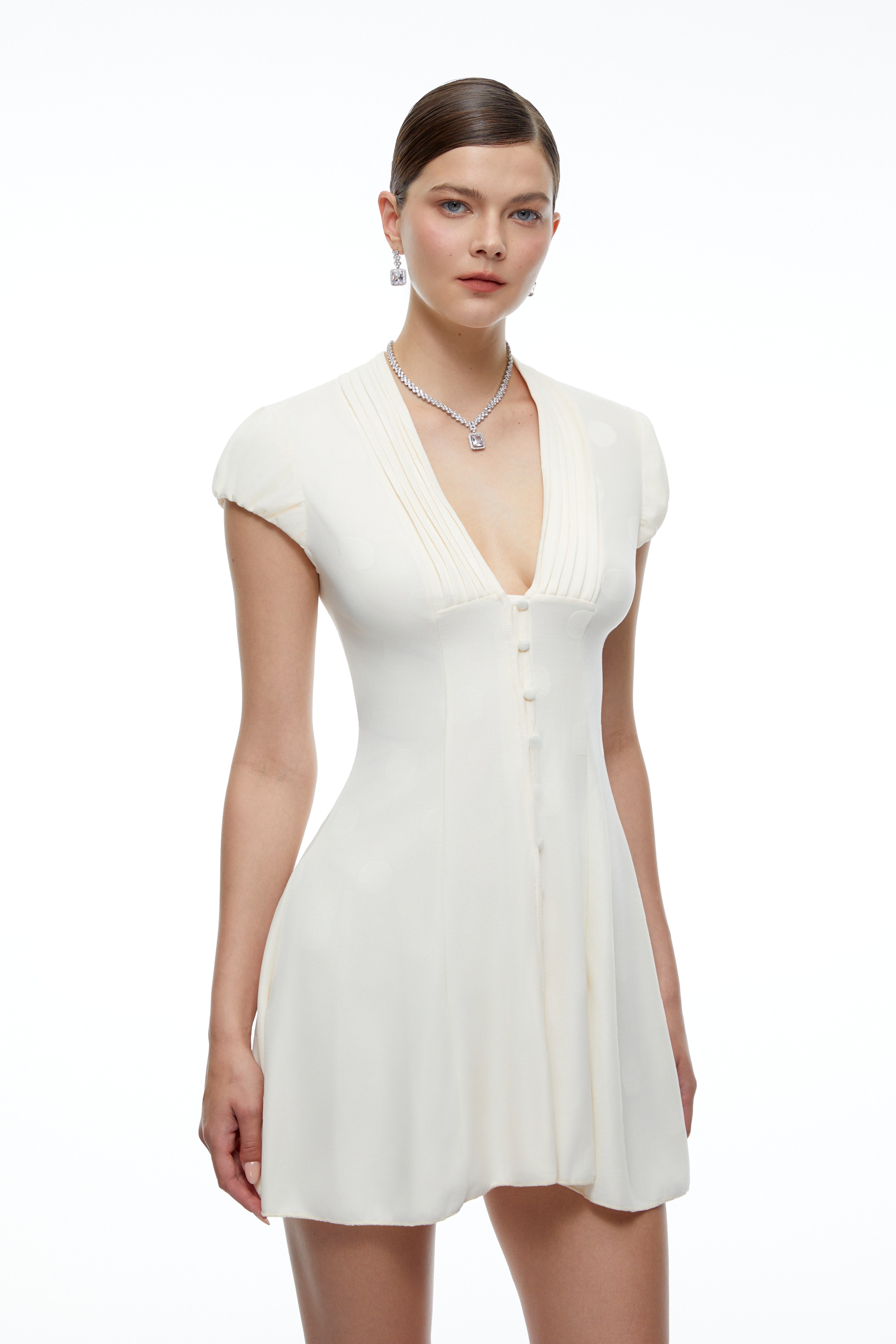 Eva Neutrals V-Neck Pleated Button Down Mini Dress