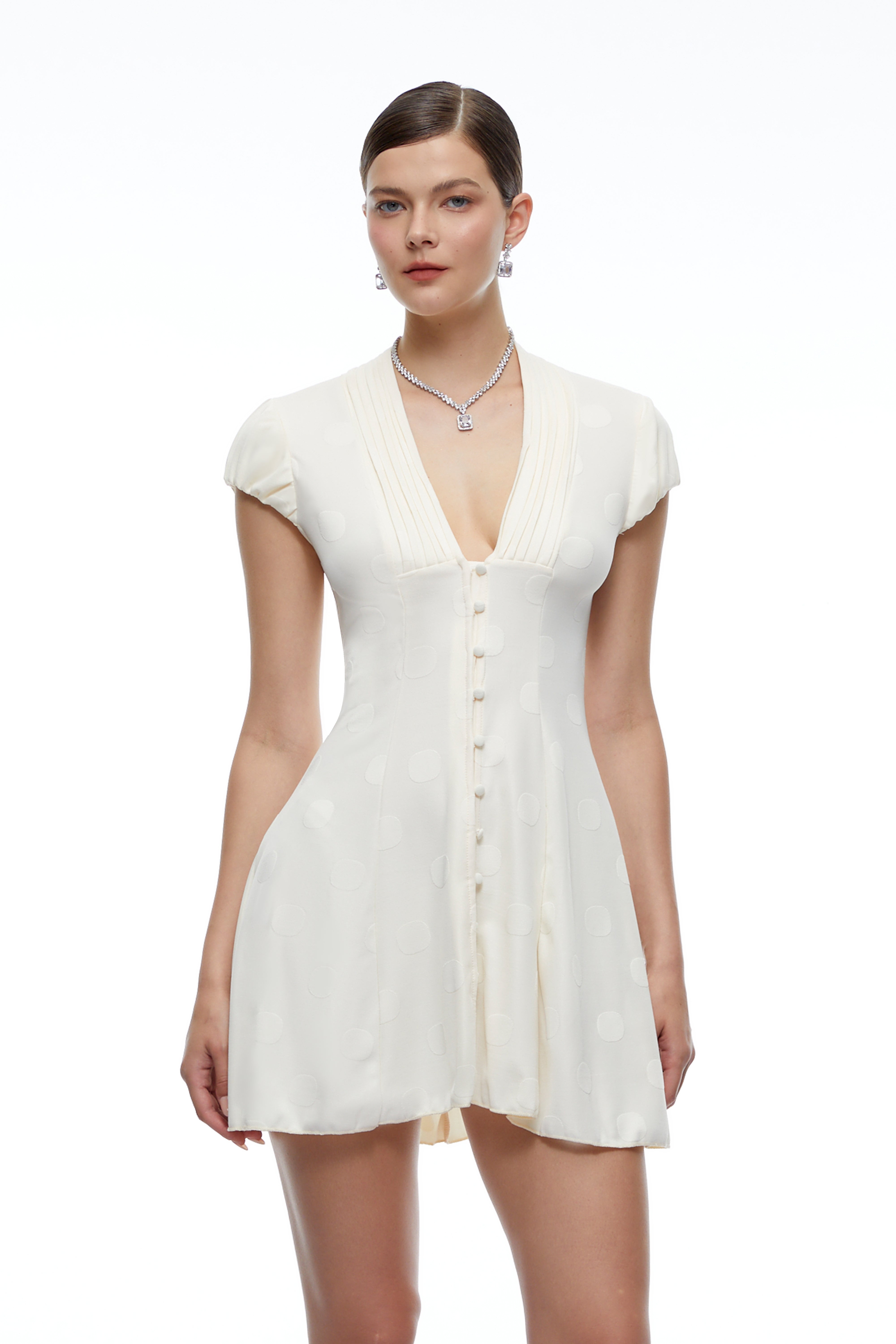 Eva Neutrals V-Neck Pleated Button Down Mini Dress