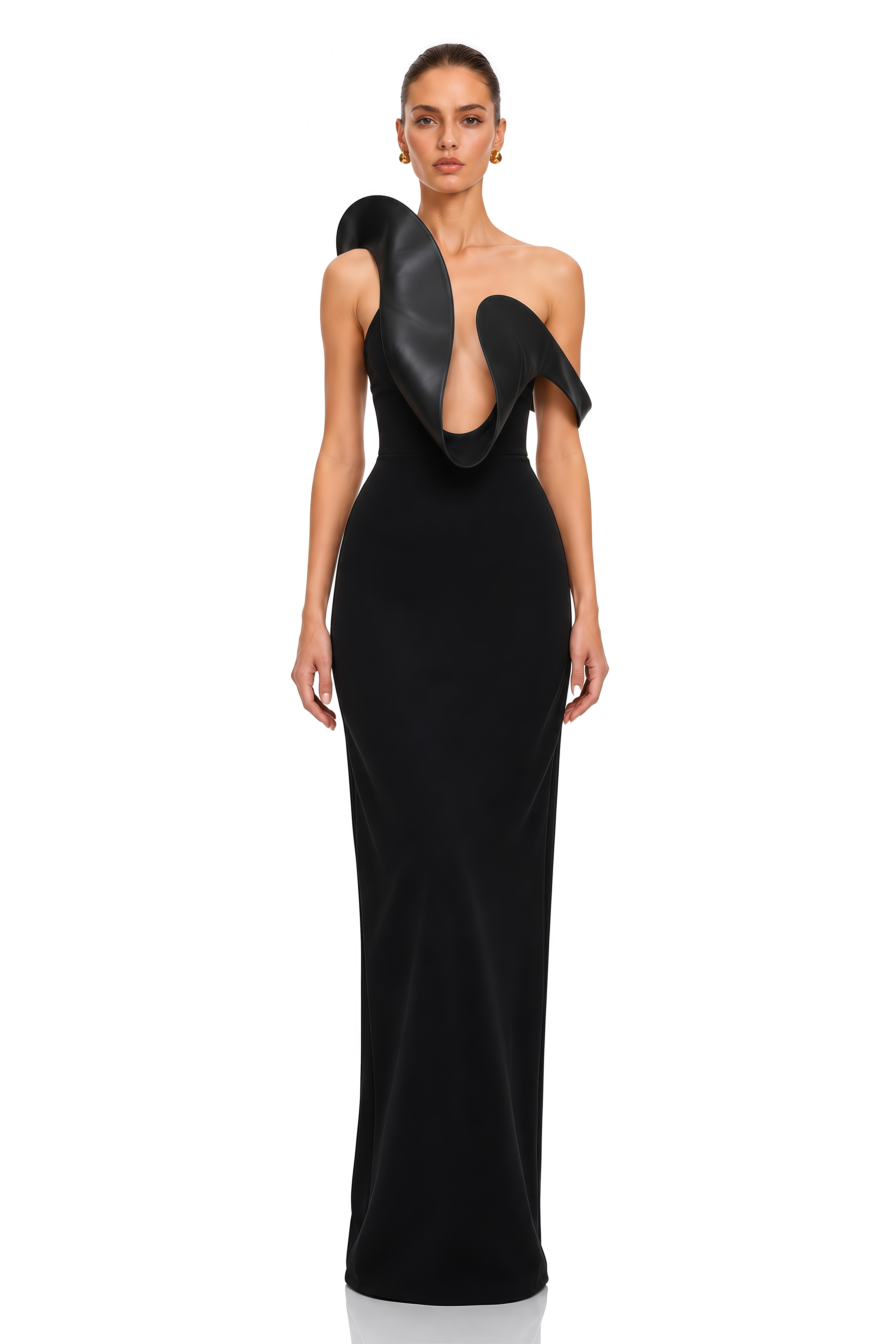 Evadine Black Sculpted Plunge Maxi Dress
