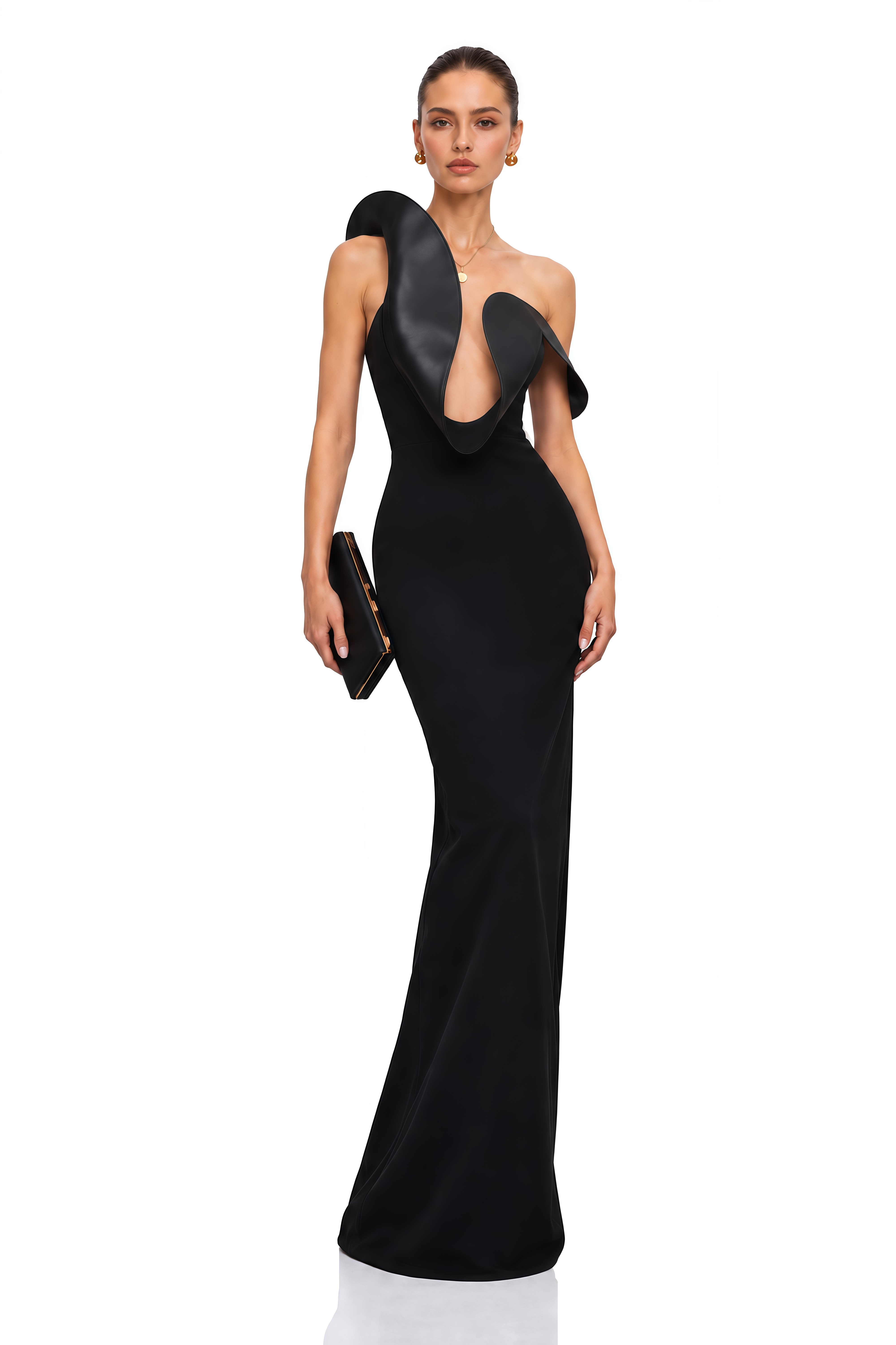 Evadine Black Sculpted Plunge Maxi Dress