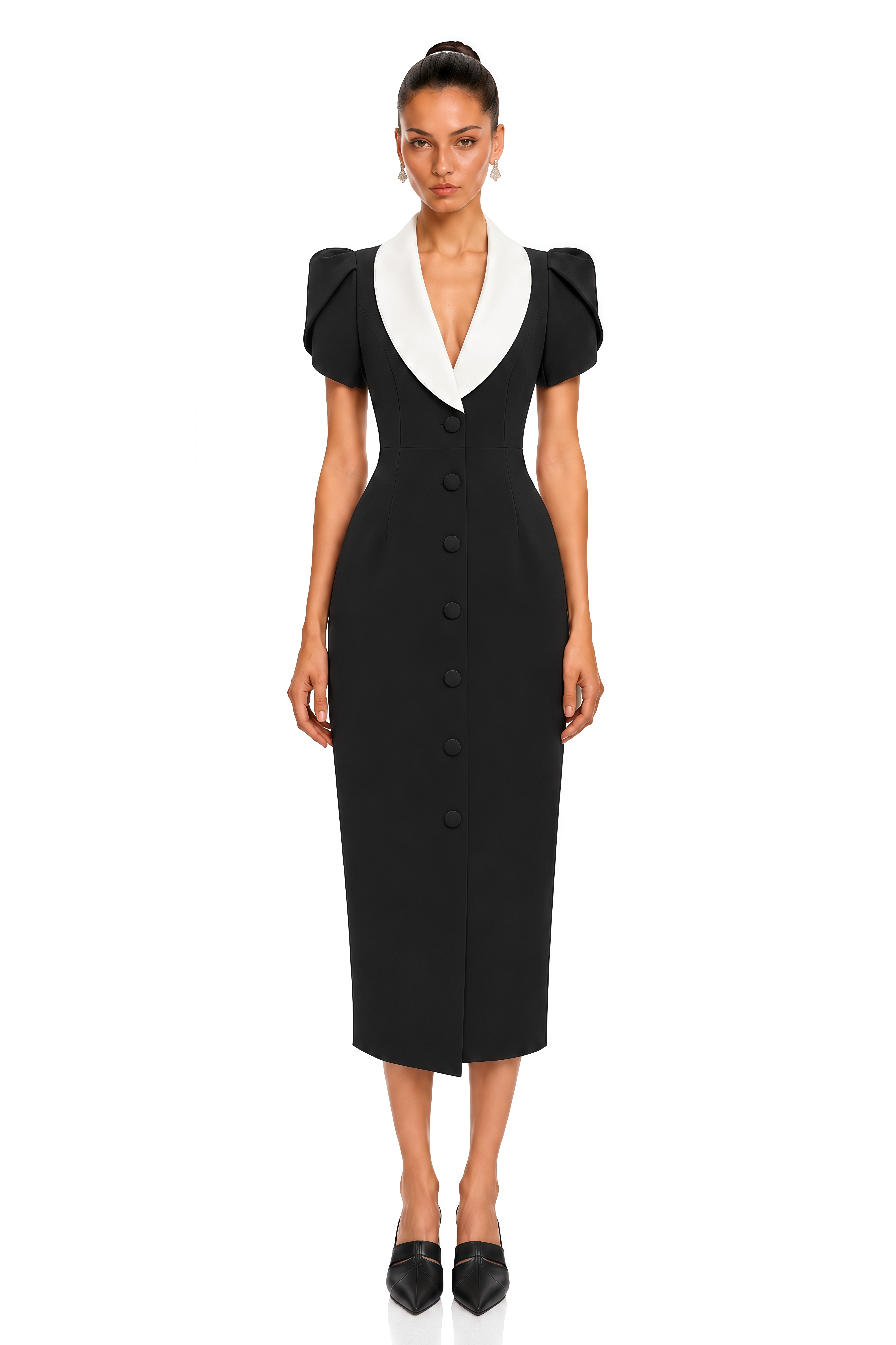 Evadne Black Contrast Collar Puff Sleeve Midi Dress