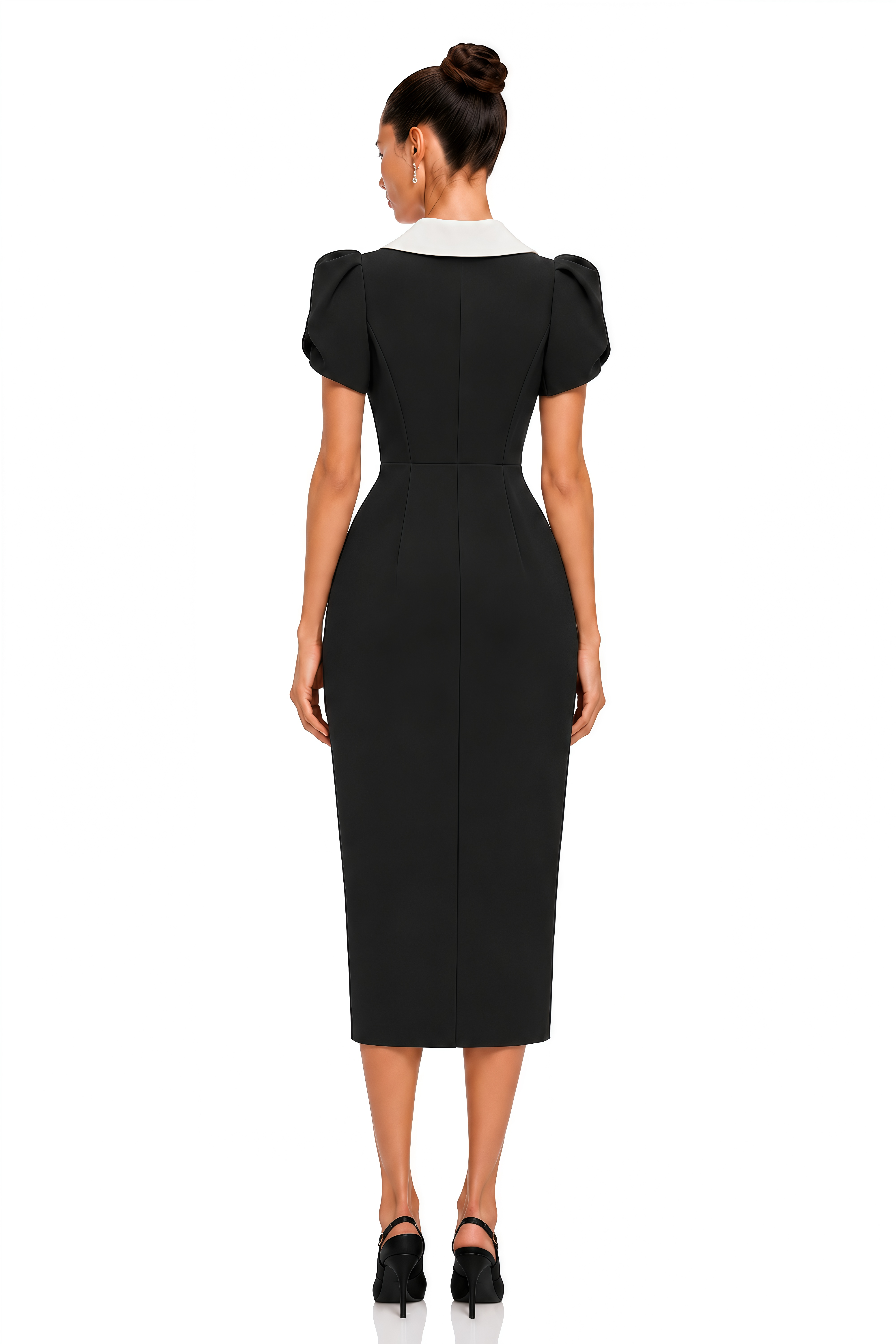 Evadne Black Contrast Collar Puff Sleeve Midi Dress