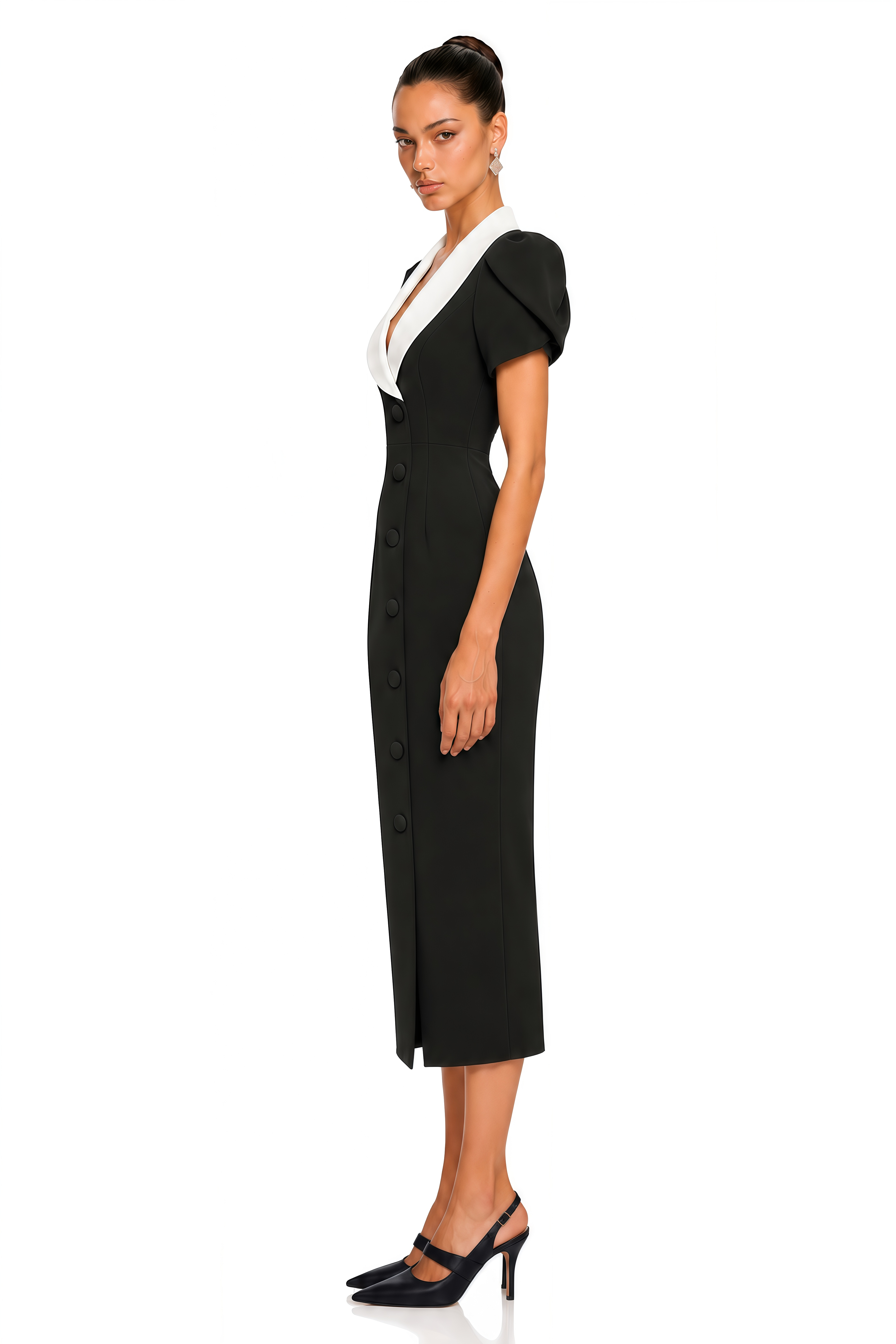 Evadne Black Contrast Collar Puff Sleeve Midi Dress