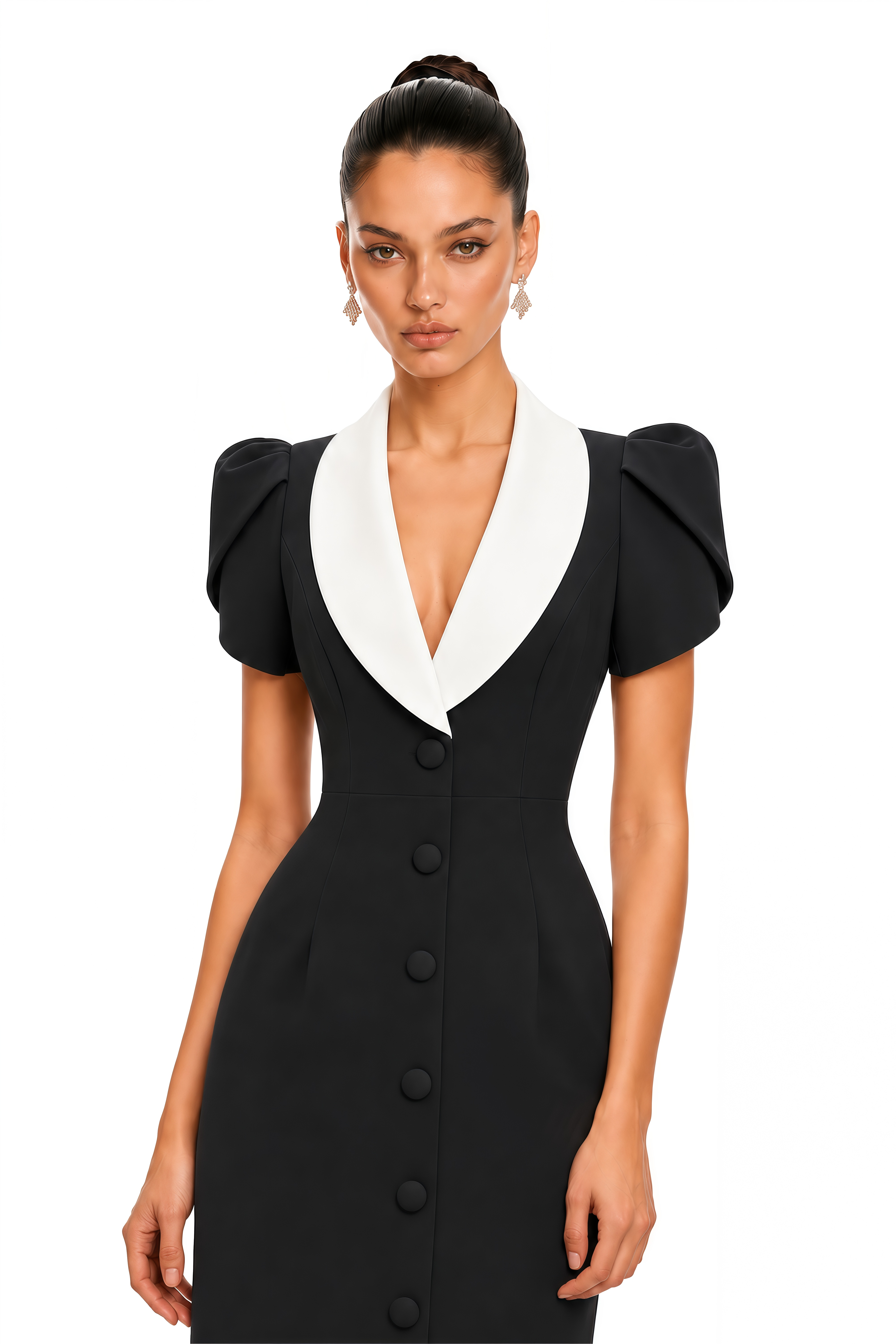 Evadne Black Contrast Collar Puff Sleeve Midi Dress