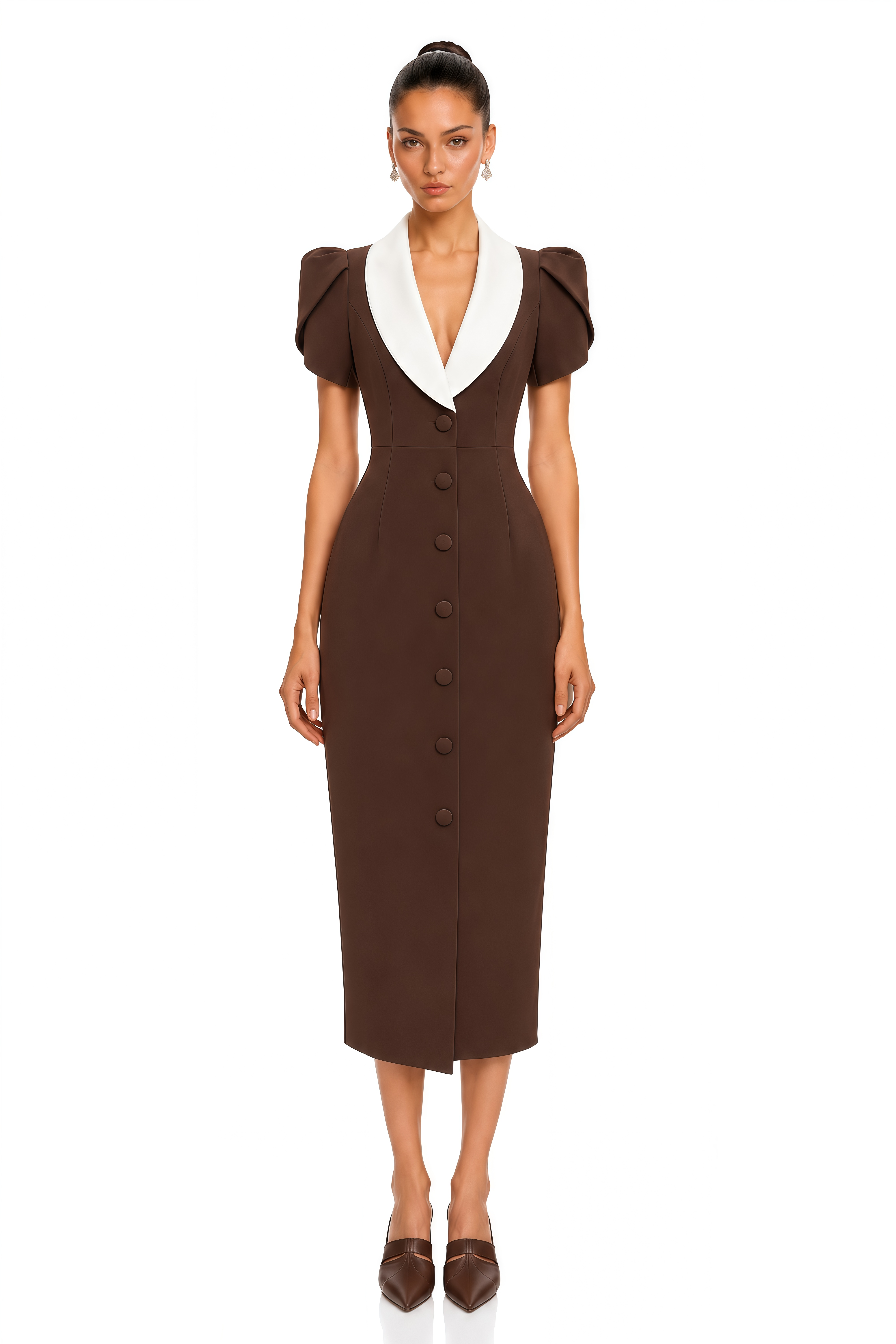 Evadne Chocolate Brown Contrast Collar Midi Dress