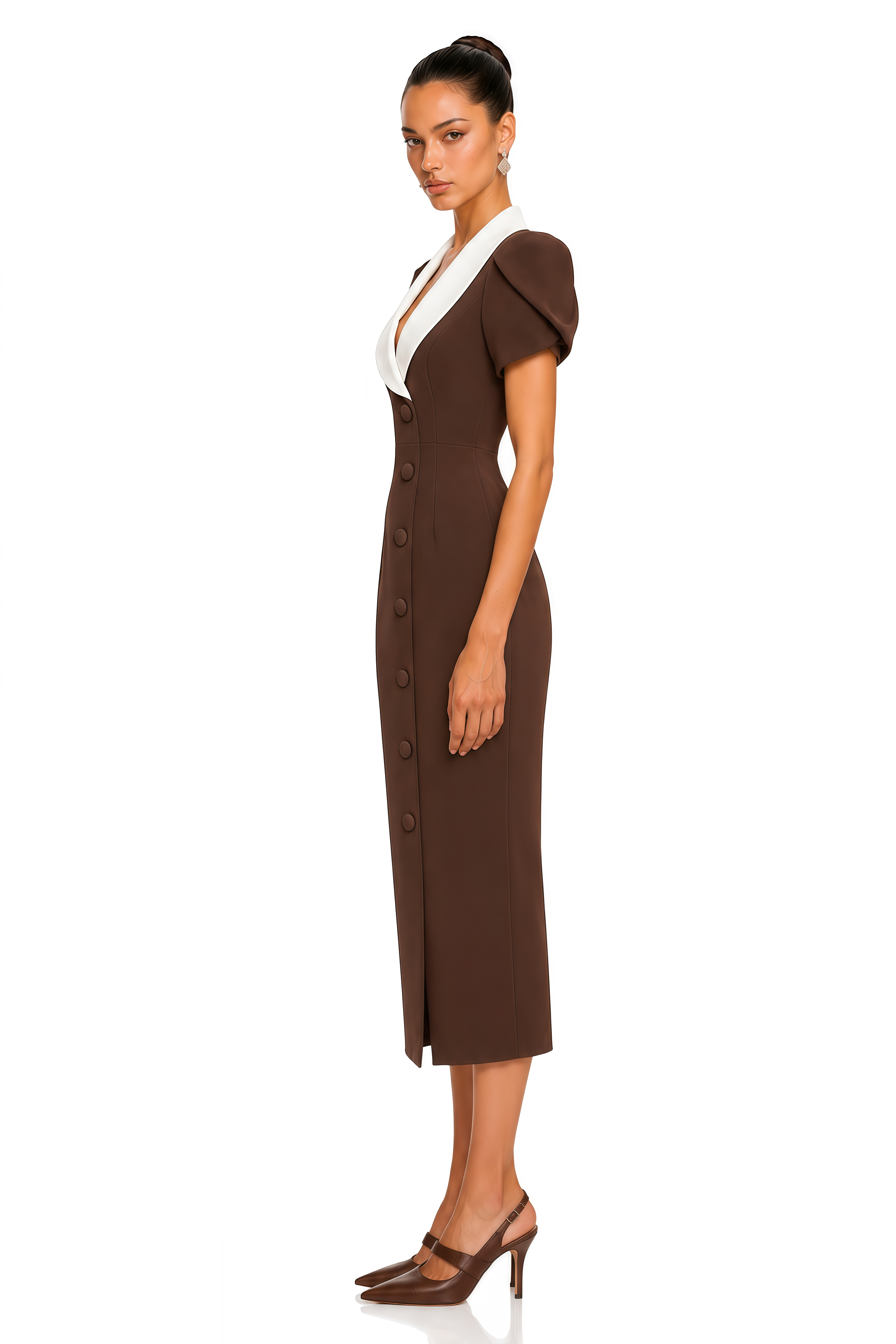 Evadne Chocolate Brown Contrast Collar Midi Dress