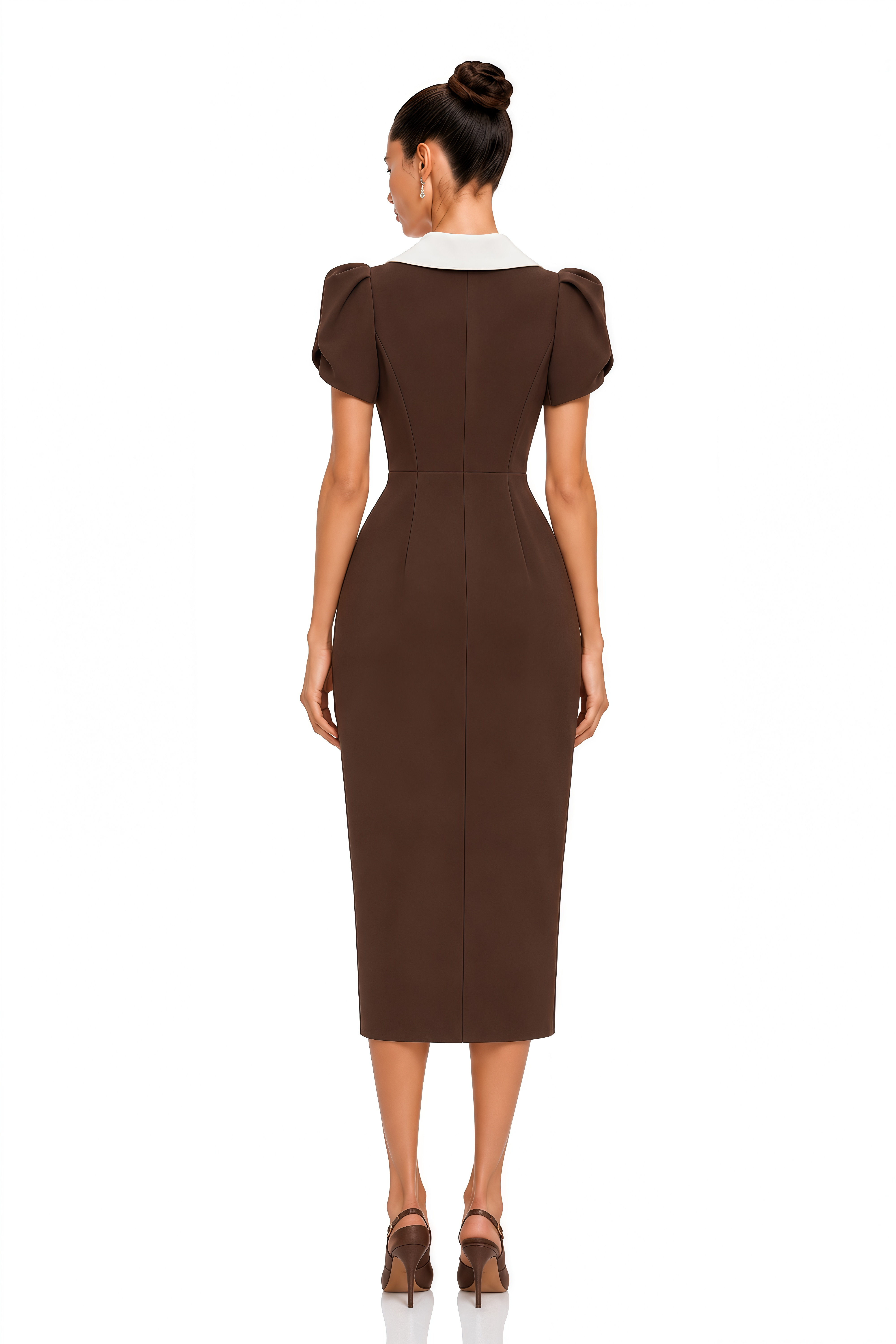 Evadne Chocolate Brown Contrast Collar Midi Dress