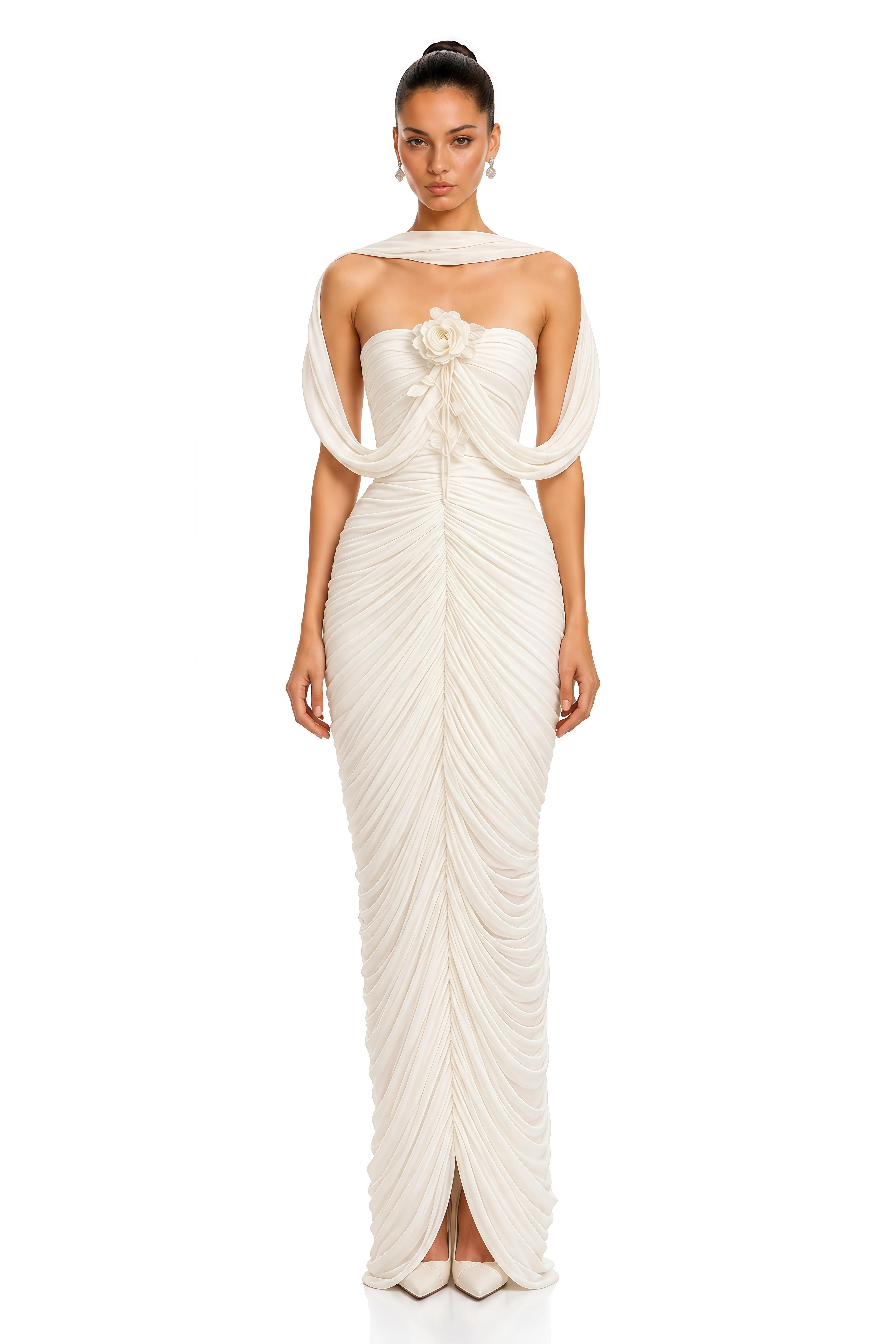 Evadne Ivory 3D Floral Draped Ruched Maxi Dress