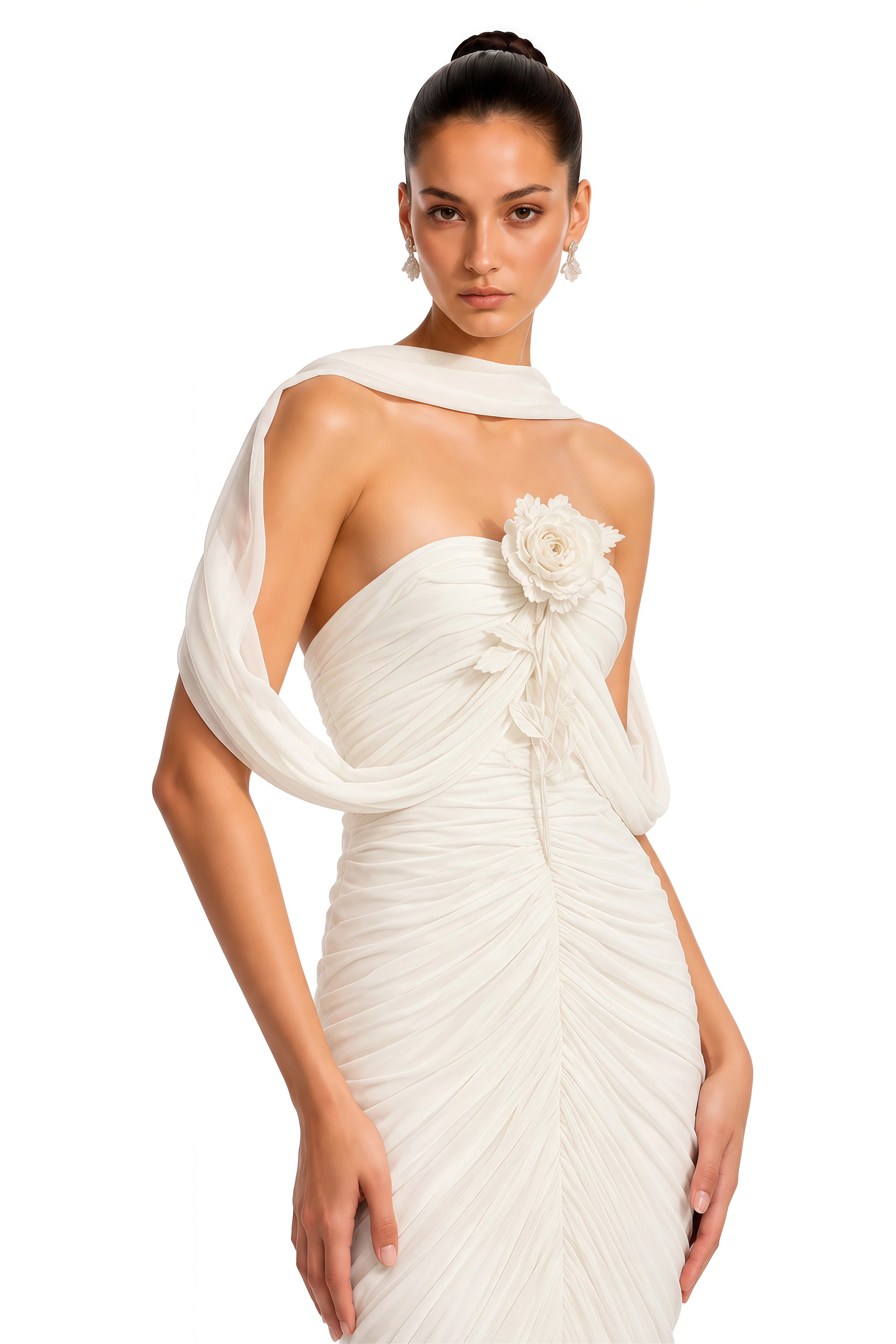 Evadne Ivory 3D Floral Draped Ruched Maxi Dress