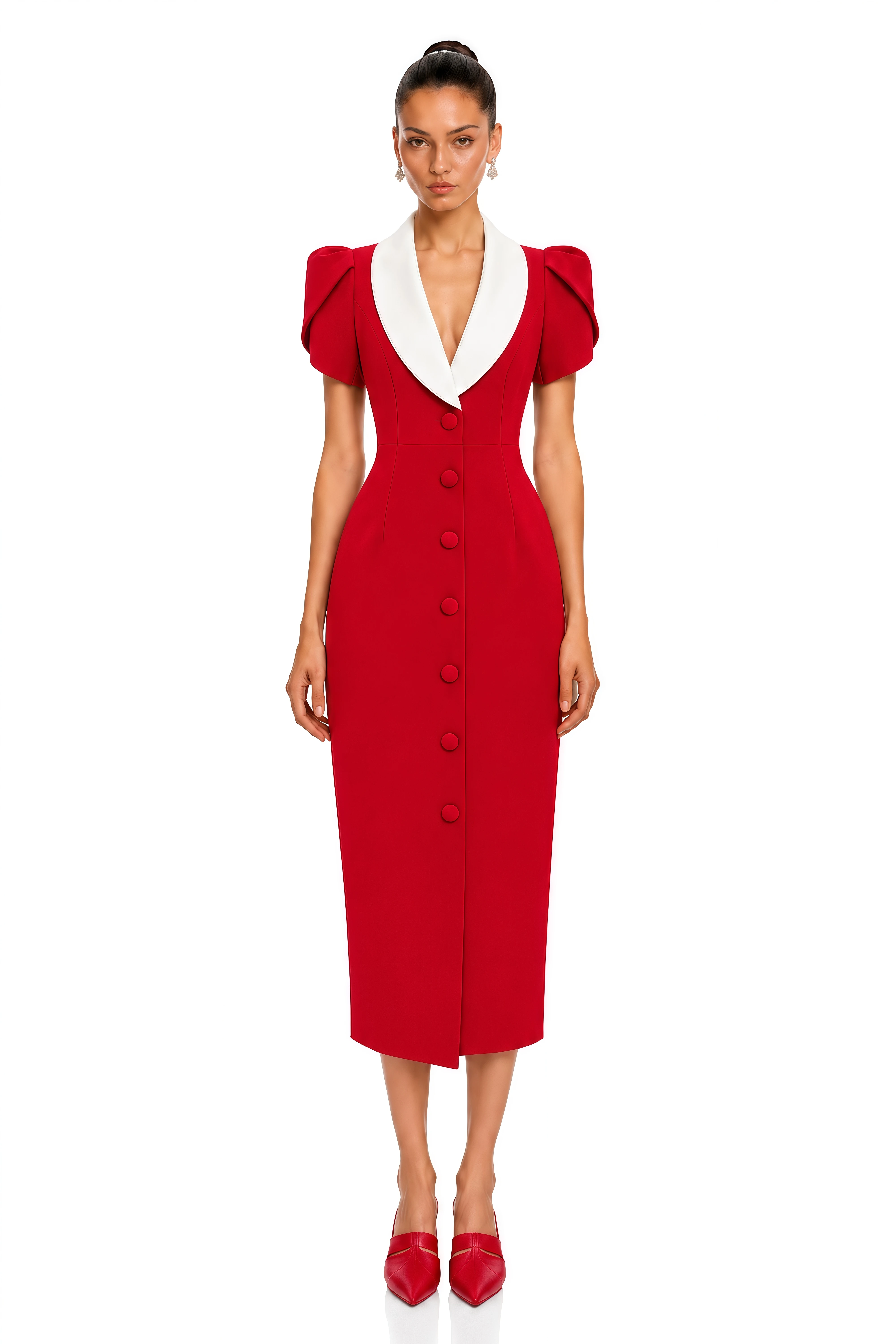 Evadne Red Contrast Collar Puff Sleeve Midi Dress