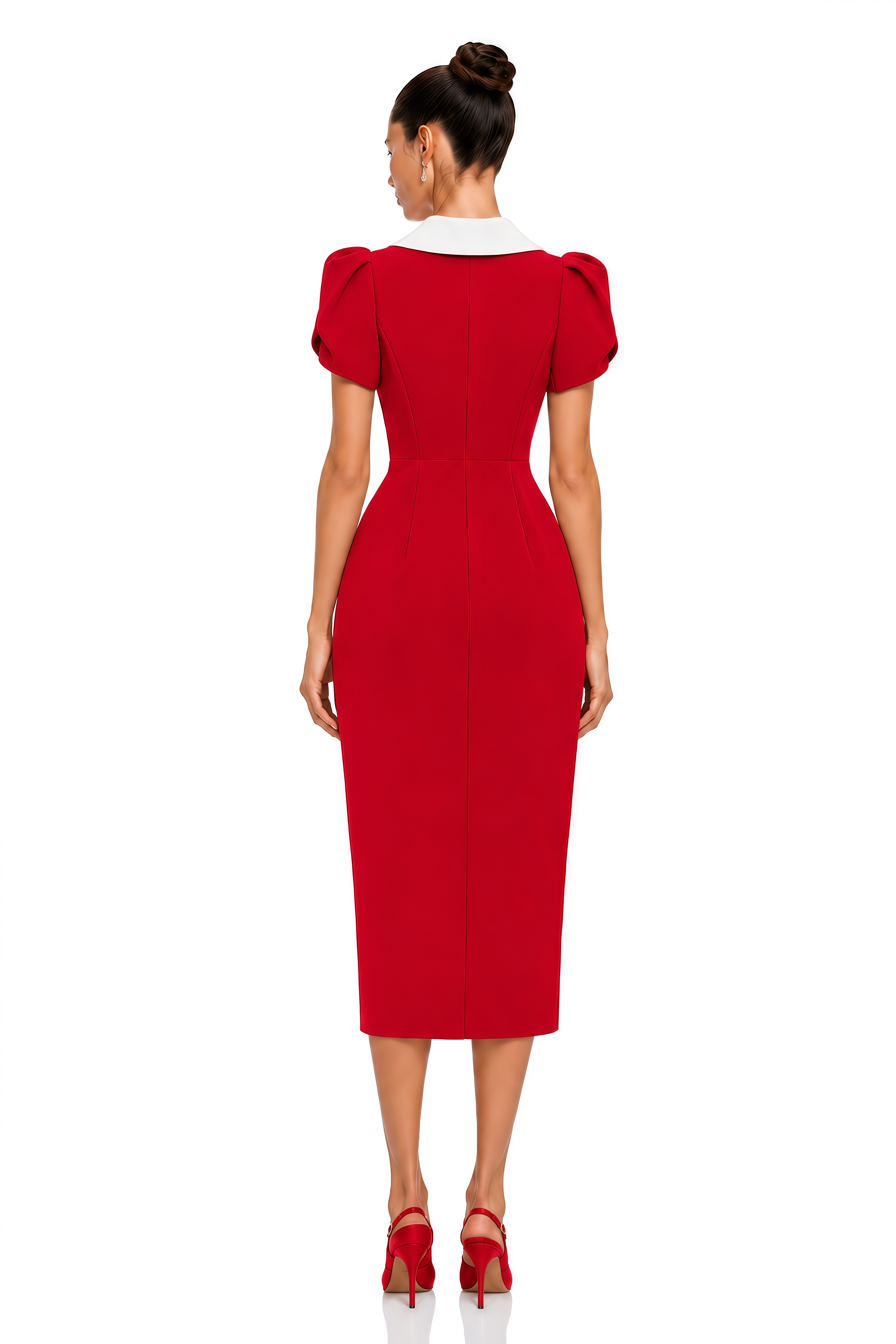 Evadne Red Contrast Collar Puff Sleeve Midi Dress
