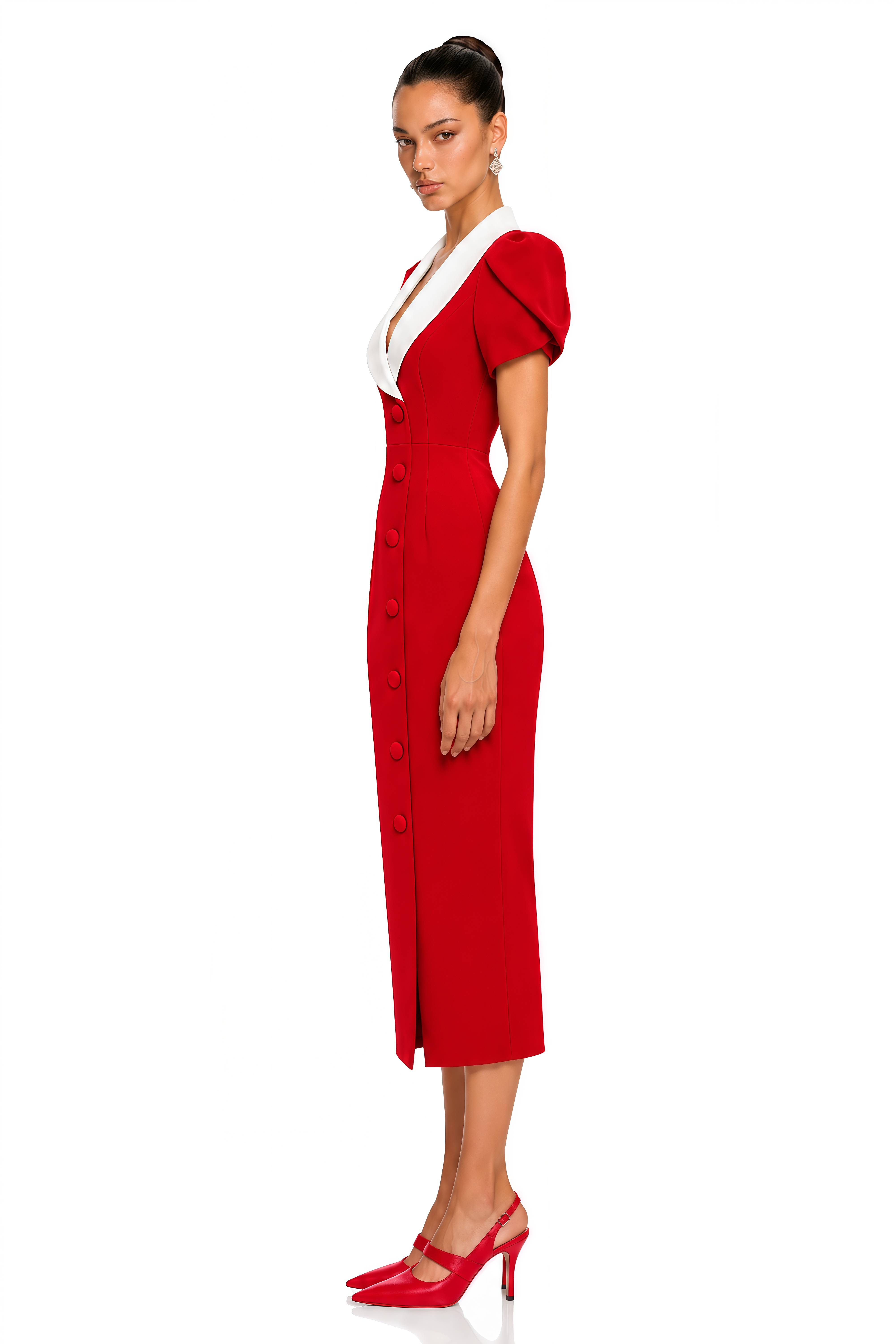 Evadne Red Contrast Collar Puff Sleeve Midi Dress