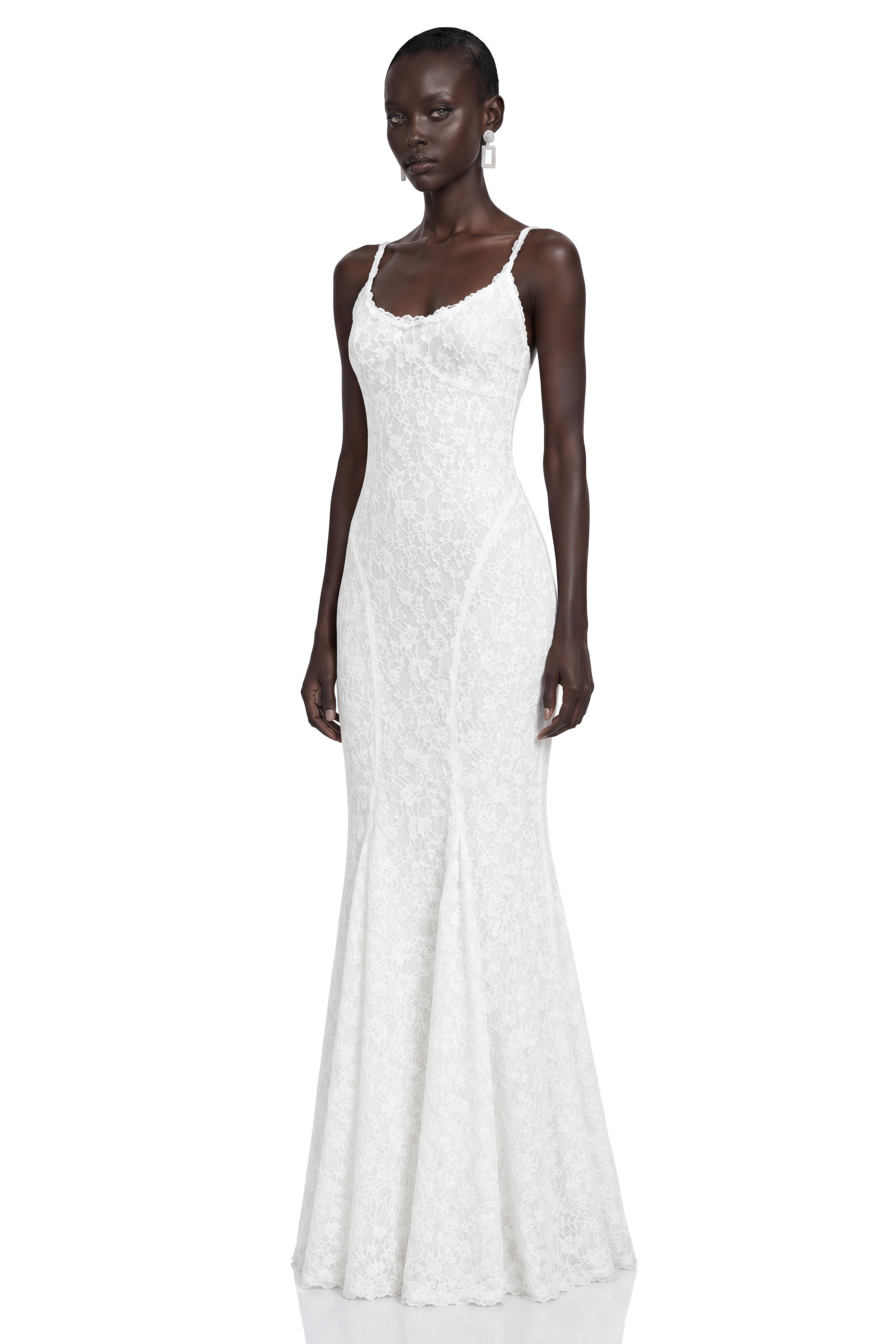 Evadora White Lace Spaghetti Straps Maxi Dress