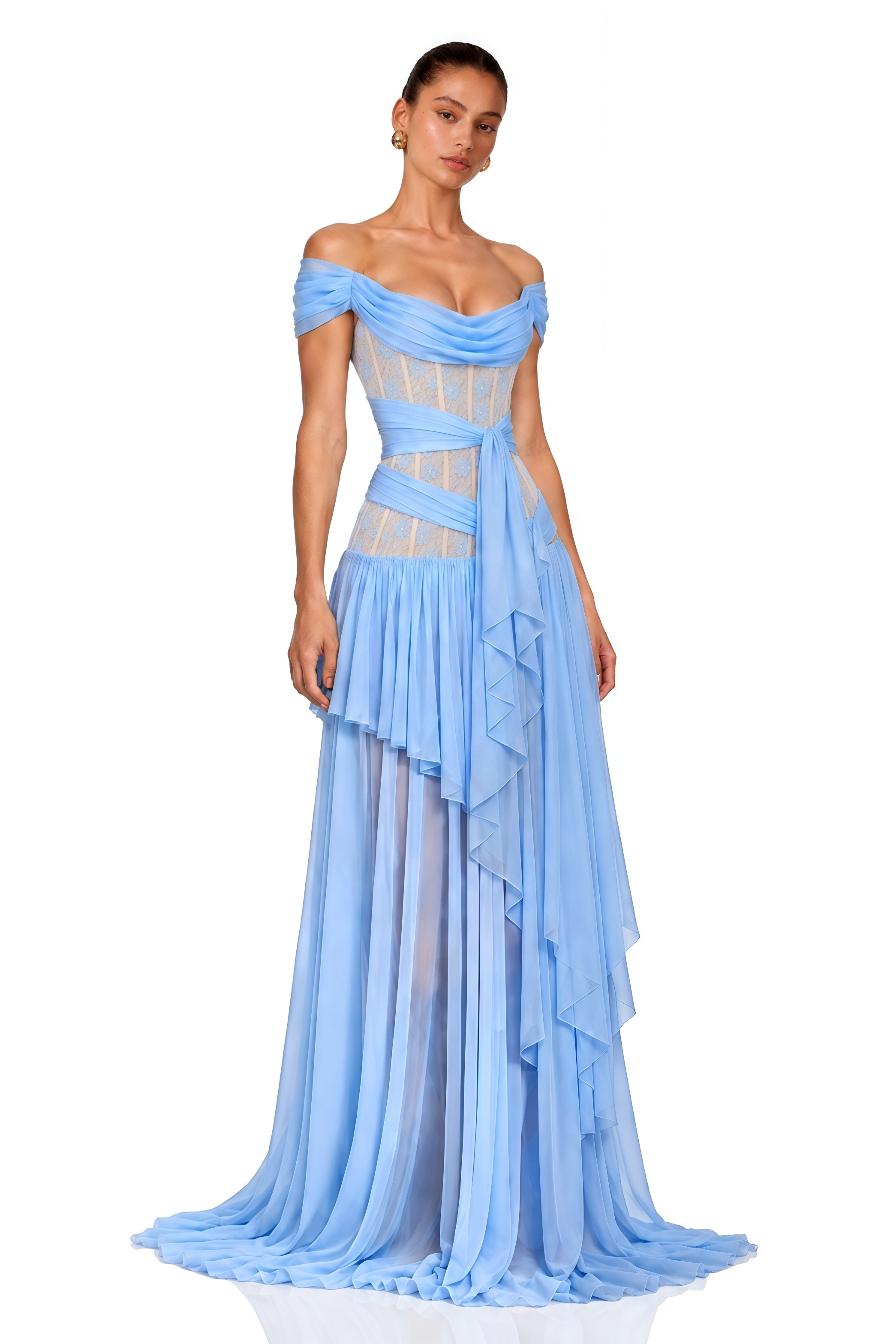 Evangeline Blue Lace Off-Shoulder Ruffled Maxi Dress