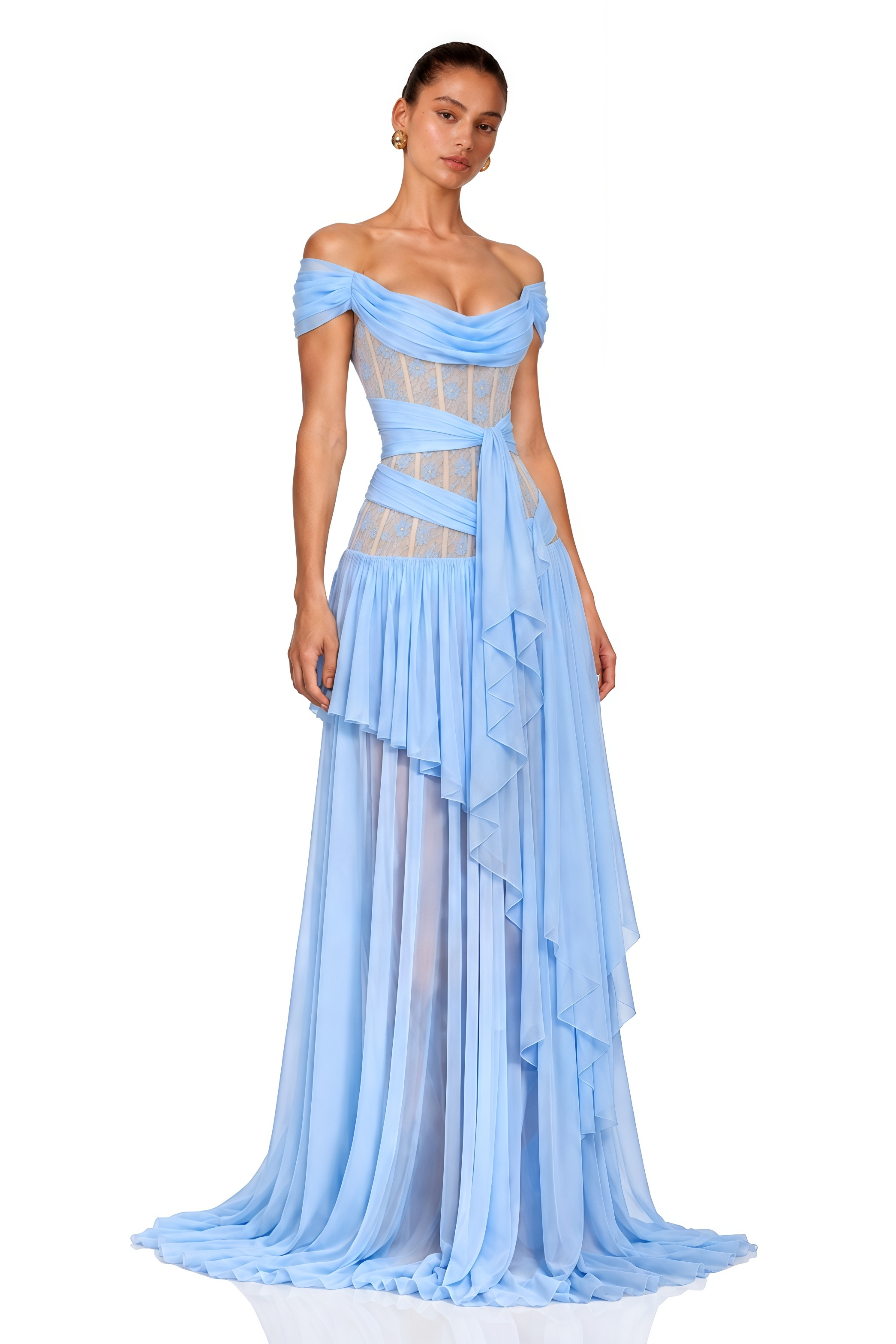 Evangeline Blue Lace Off-Shoulder Ruffled Maxi Dress