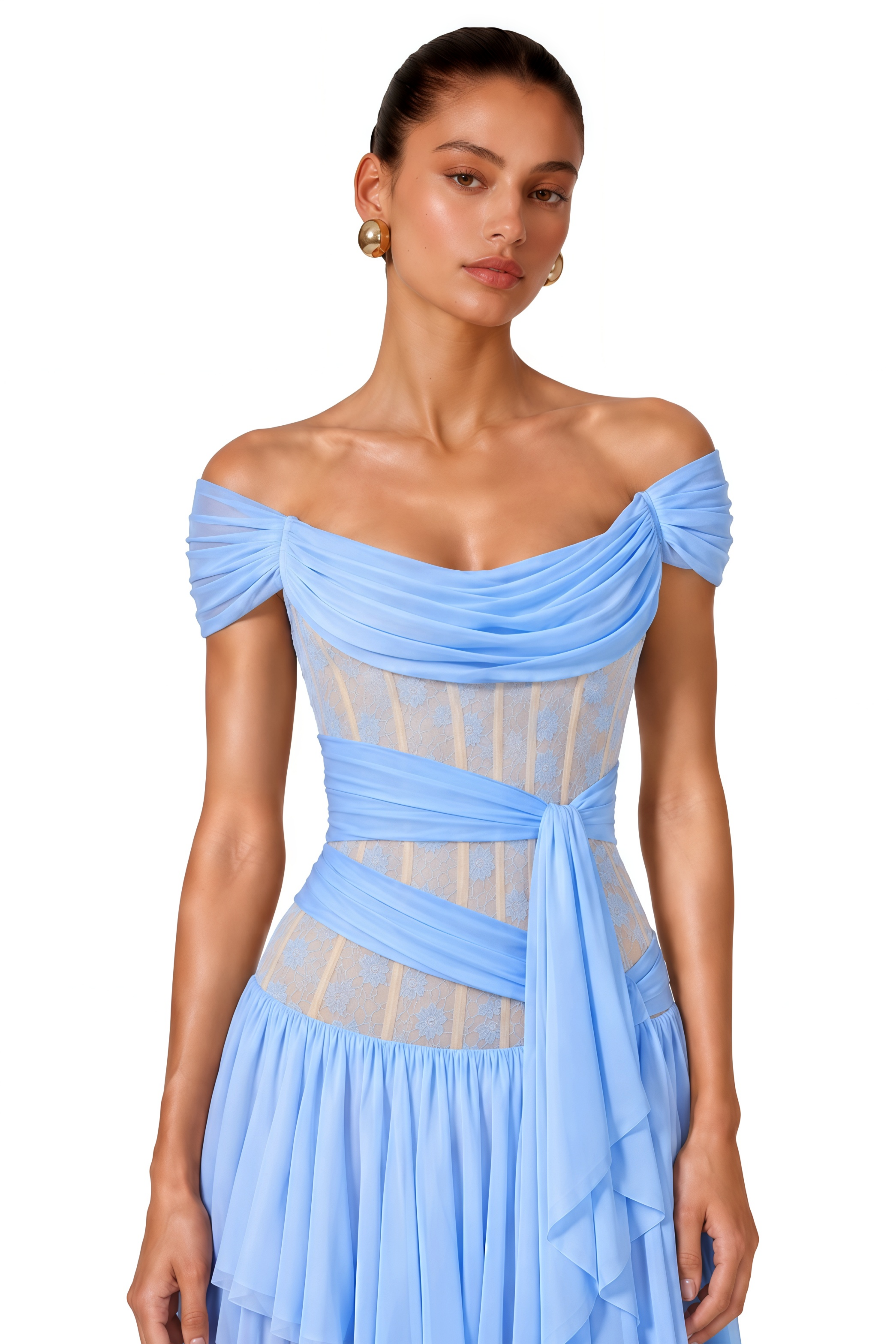Evangeline Blue Lace Off-Shoulder Ruffled Maxi Dress