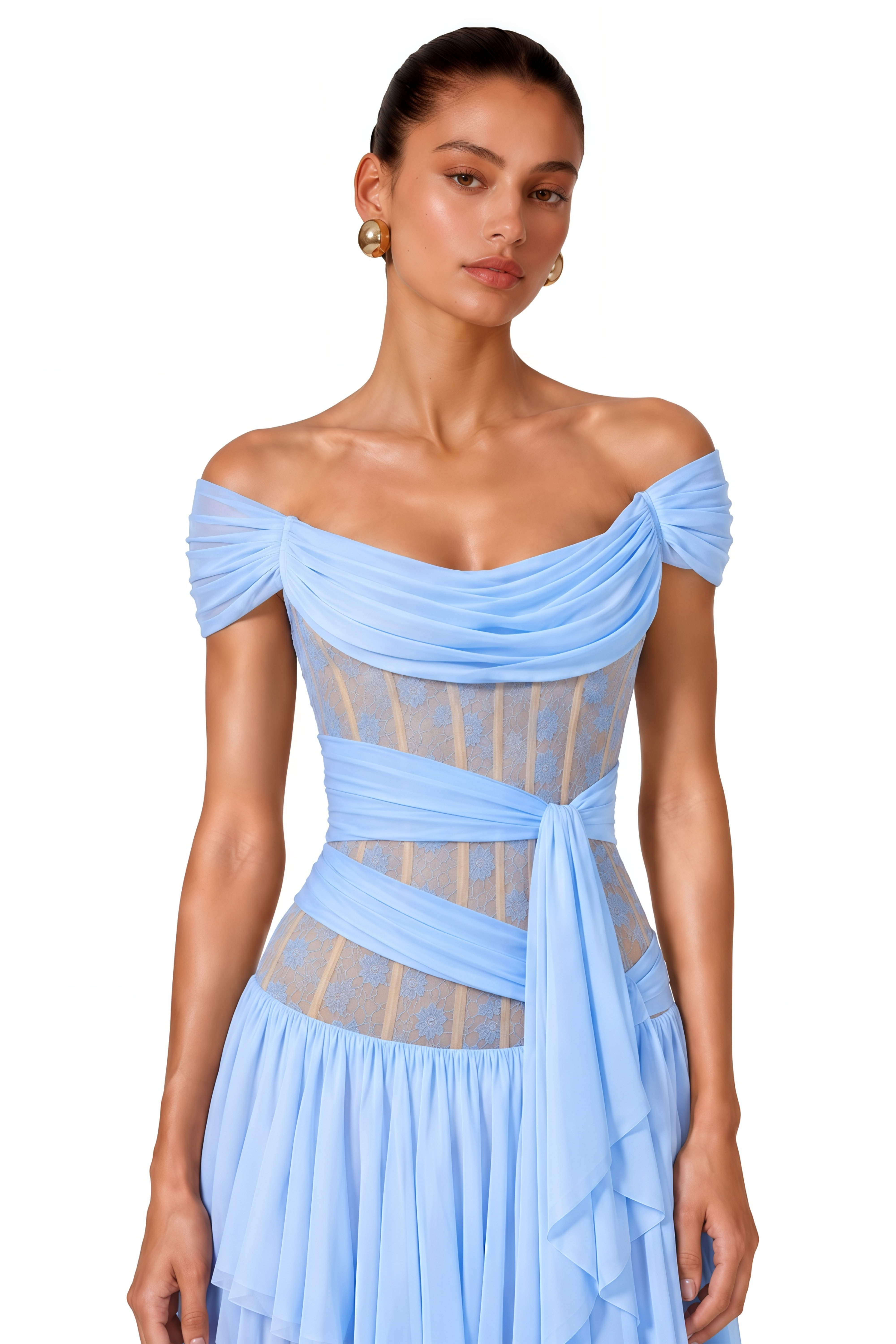Evangeline Blue Lace Off-Shoulder Ruffled Maxi Dress