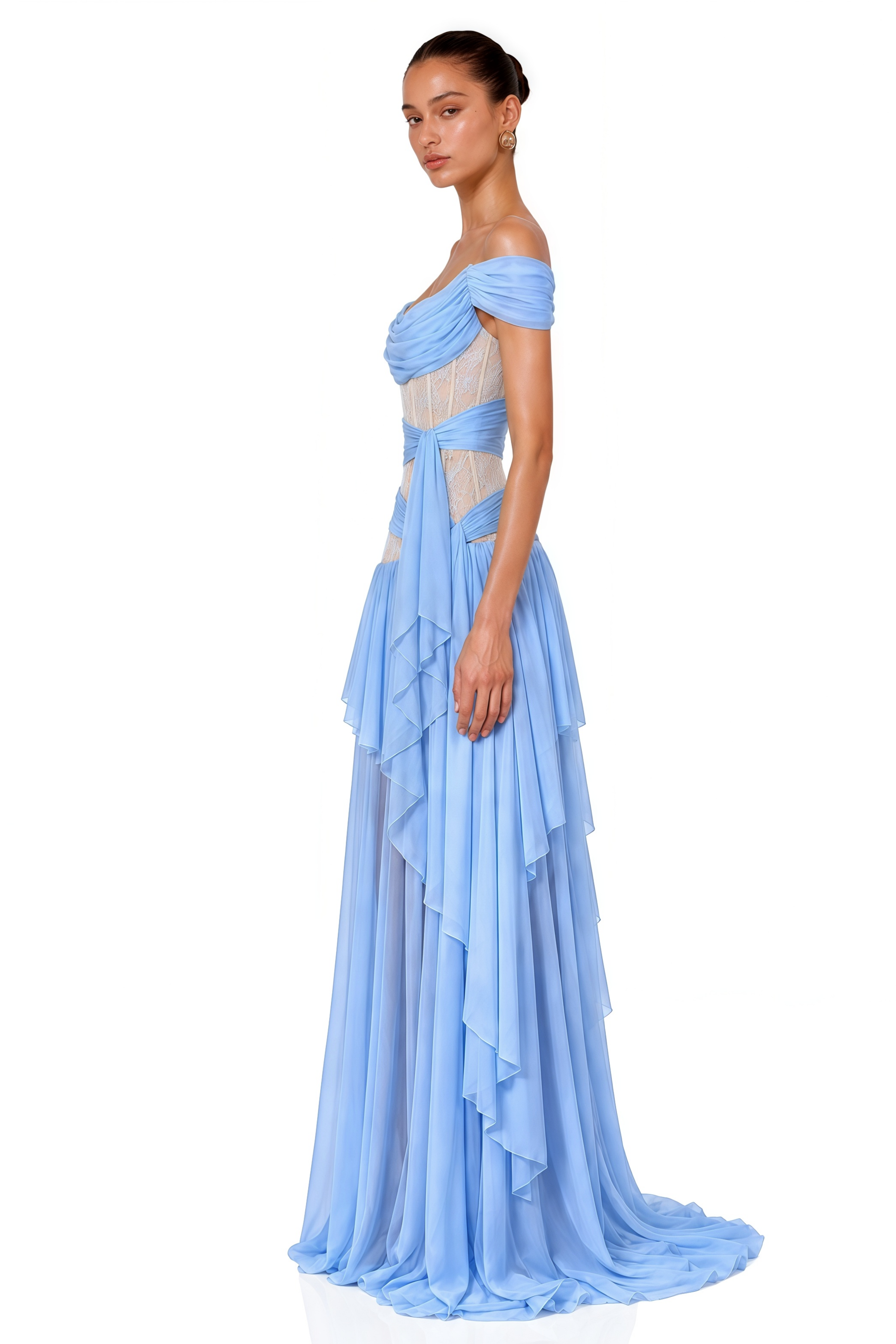 Evangeline Blue Lace Off-Shoulder Ruffled Maxi Dress