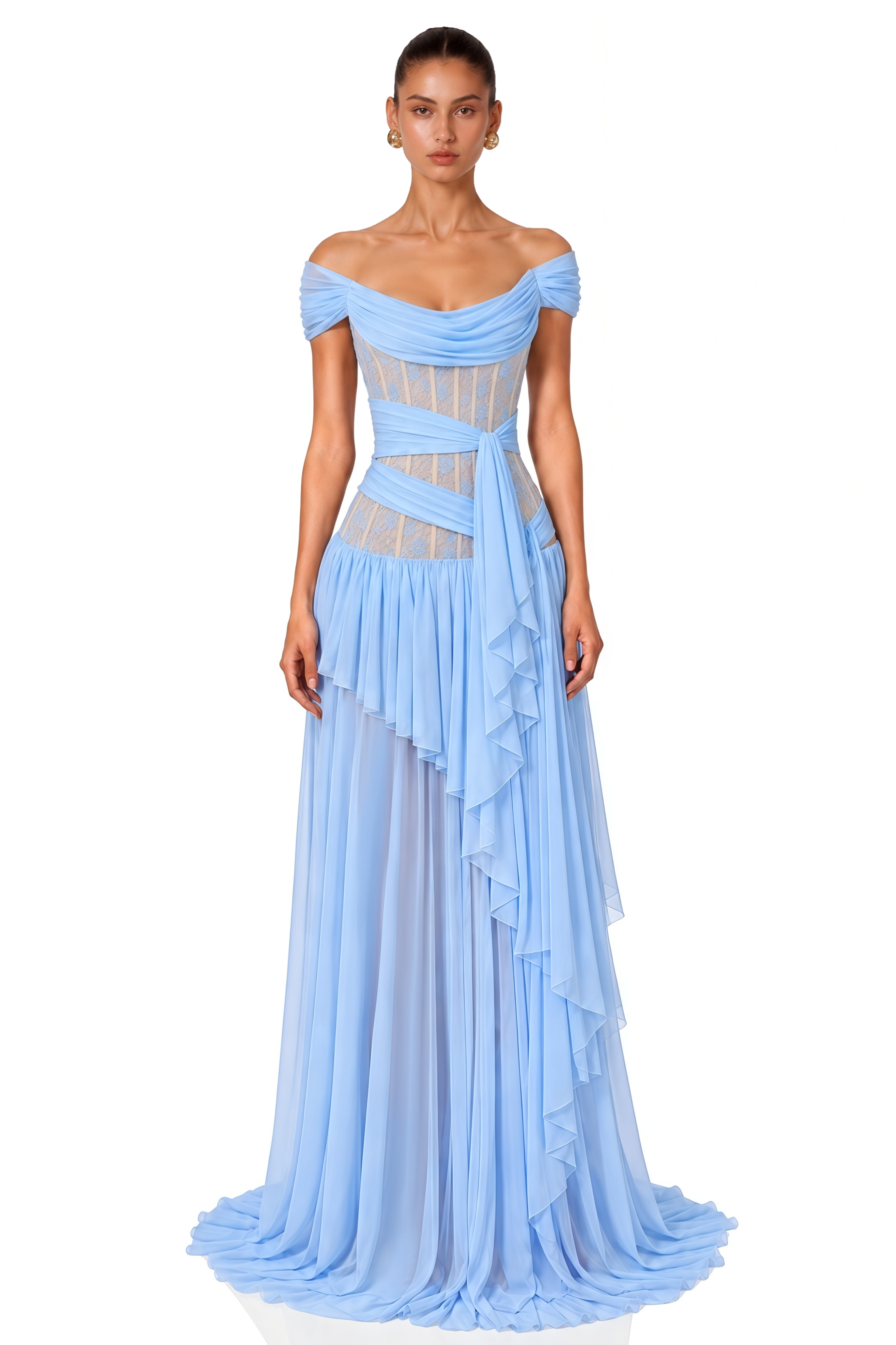 Evangeline Blue Lace Off-Shoulder Ruffled Maxi Dress