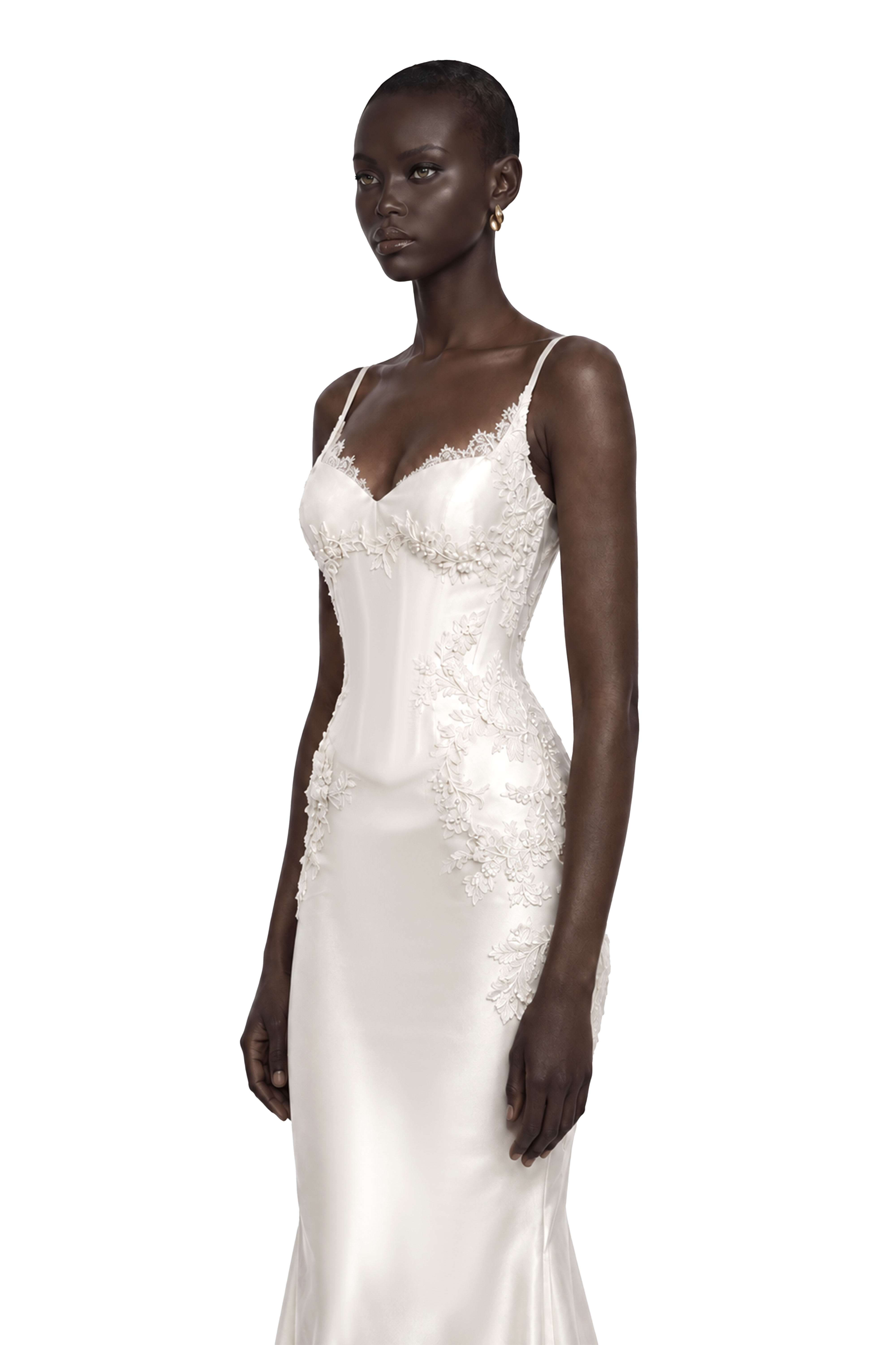 Evangeline Ivory Lace Applique Satin Mermaid Maxi Dress