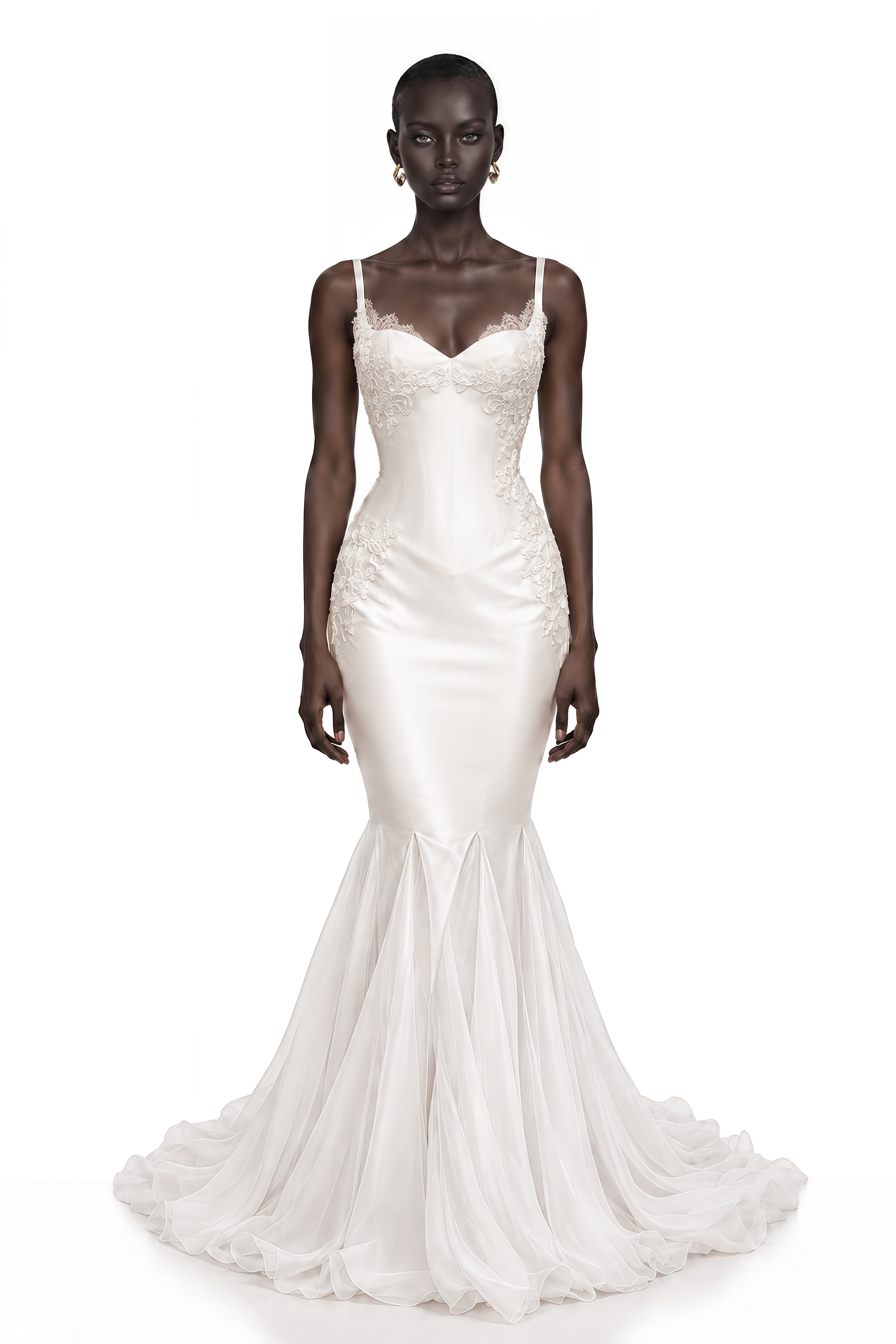 Evangeline Ivory Lace Applique Satin Mermaid Maxi Dress