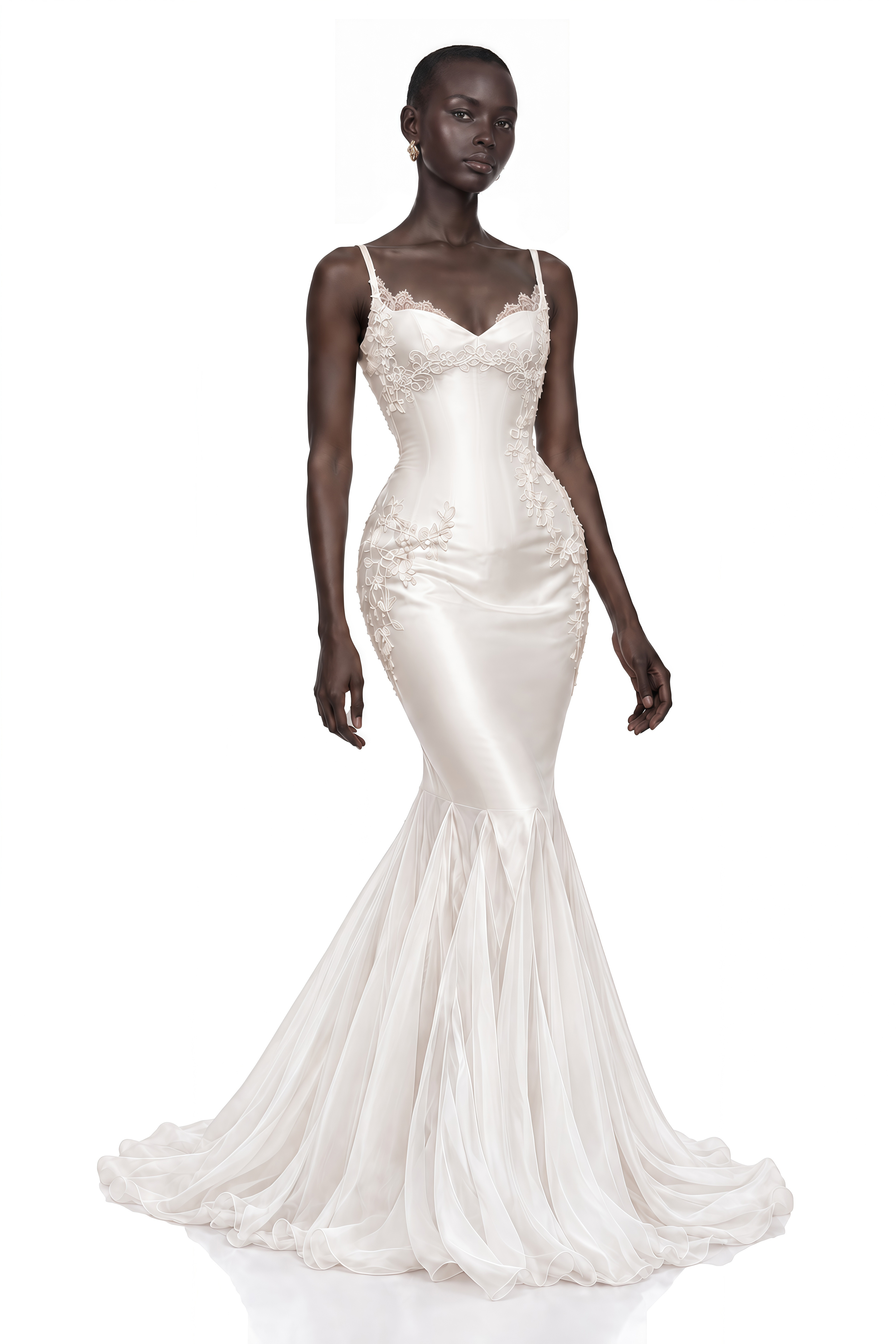 Evangeline Ivory Lace Applique Satin Mermaid Maxi Dress