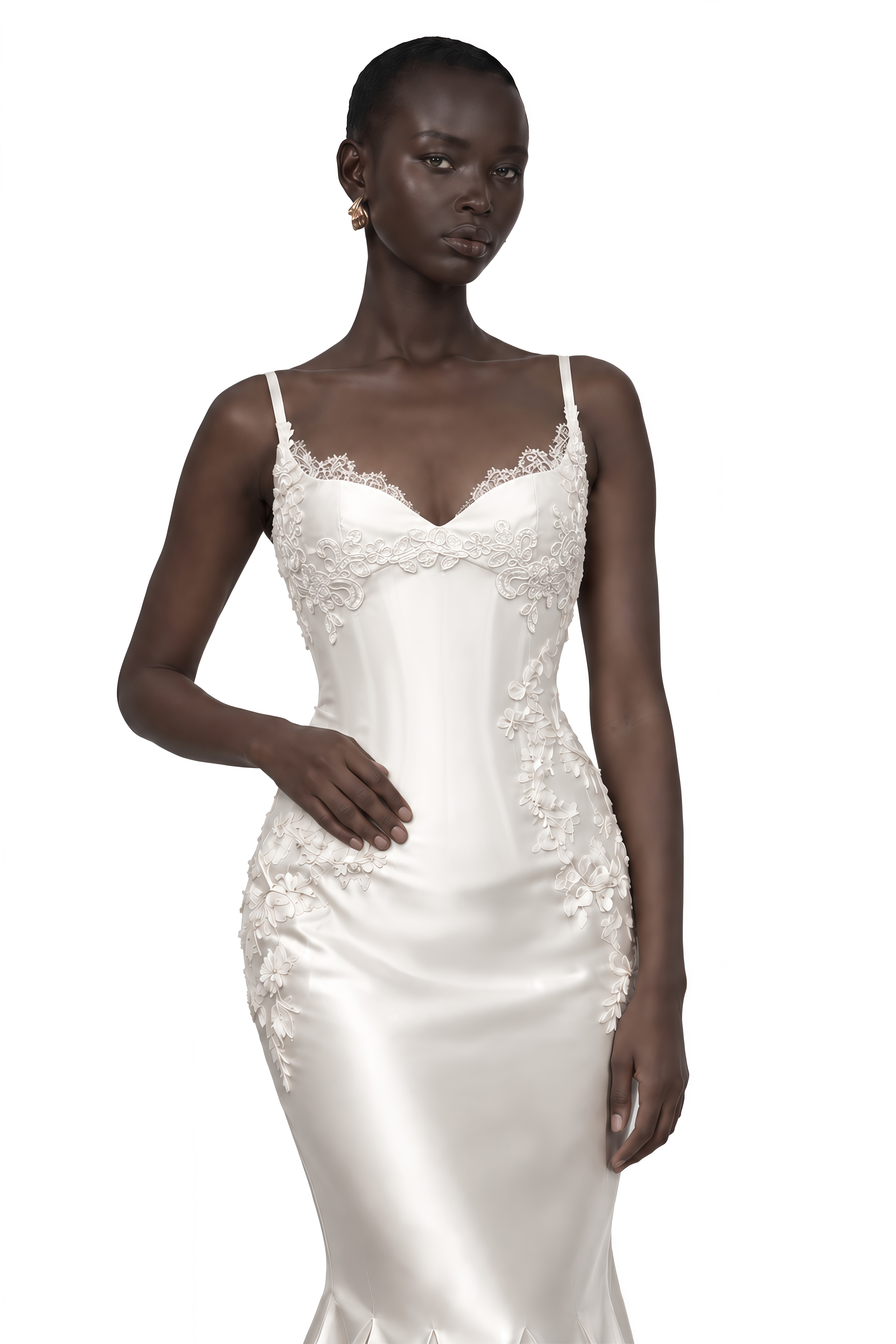Evangeline Ivory Lace Applique Satin Mermaid Maxi Dress