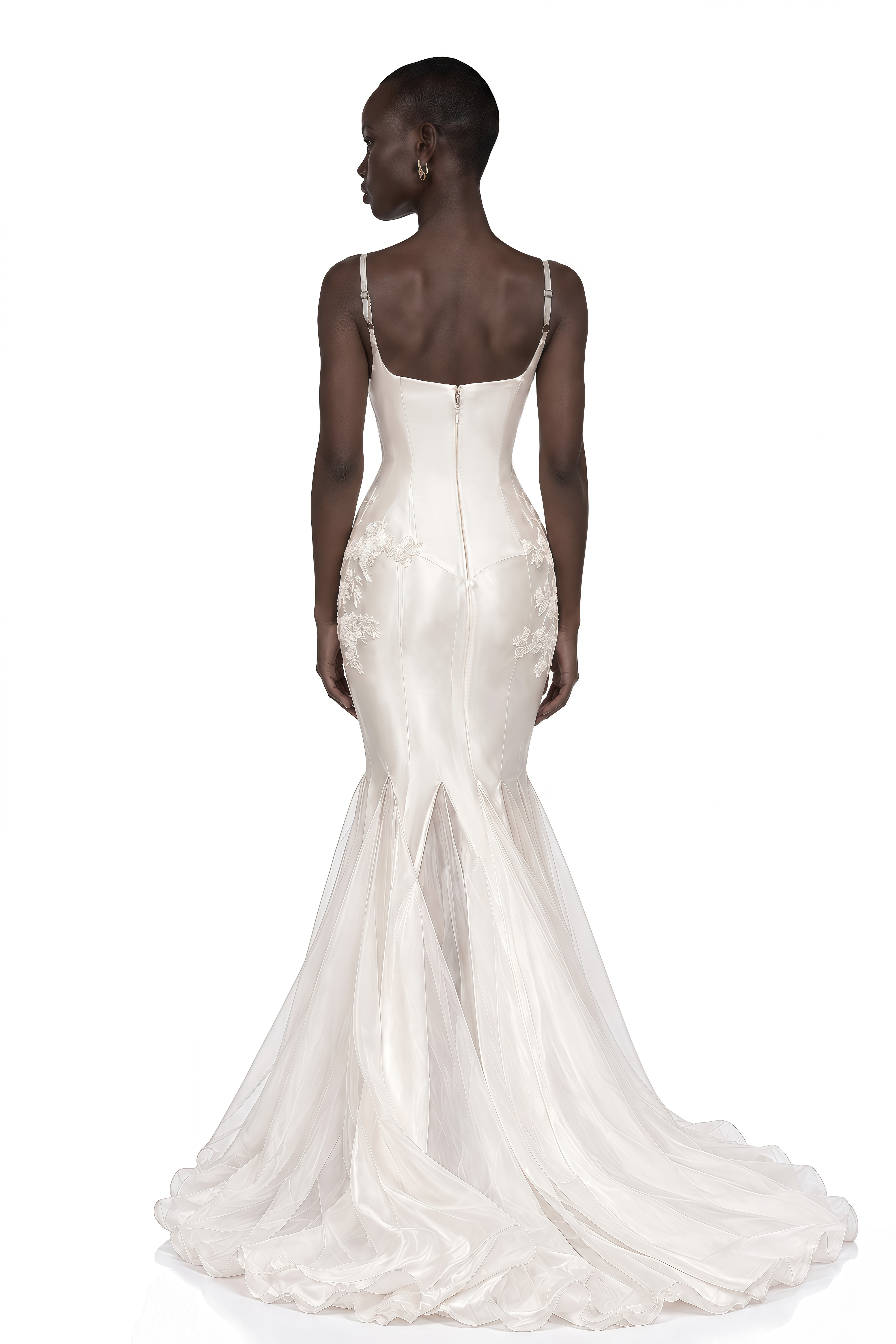 Evangeline Ivory Lace Applique Satin Mermaid Maxi Dress