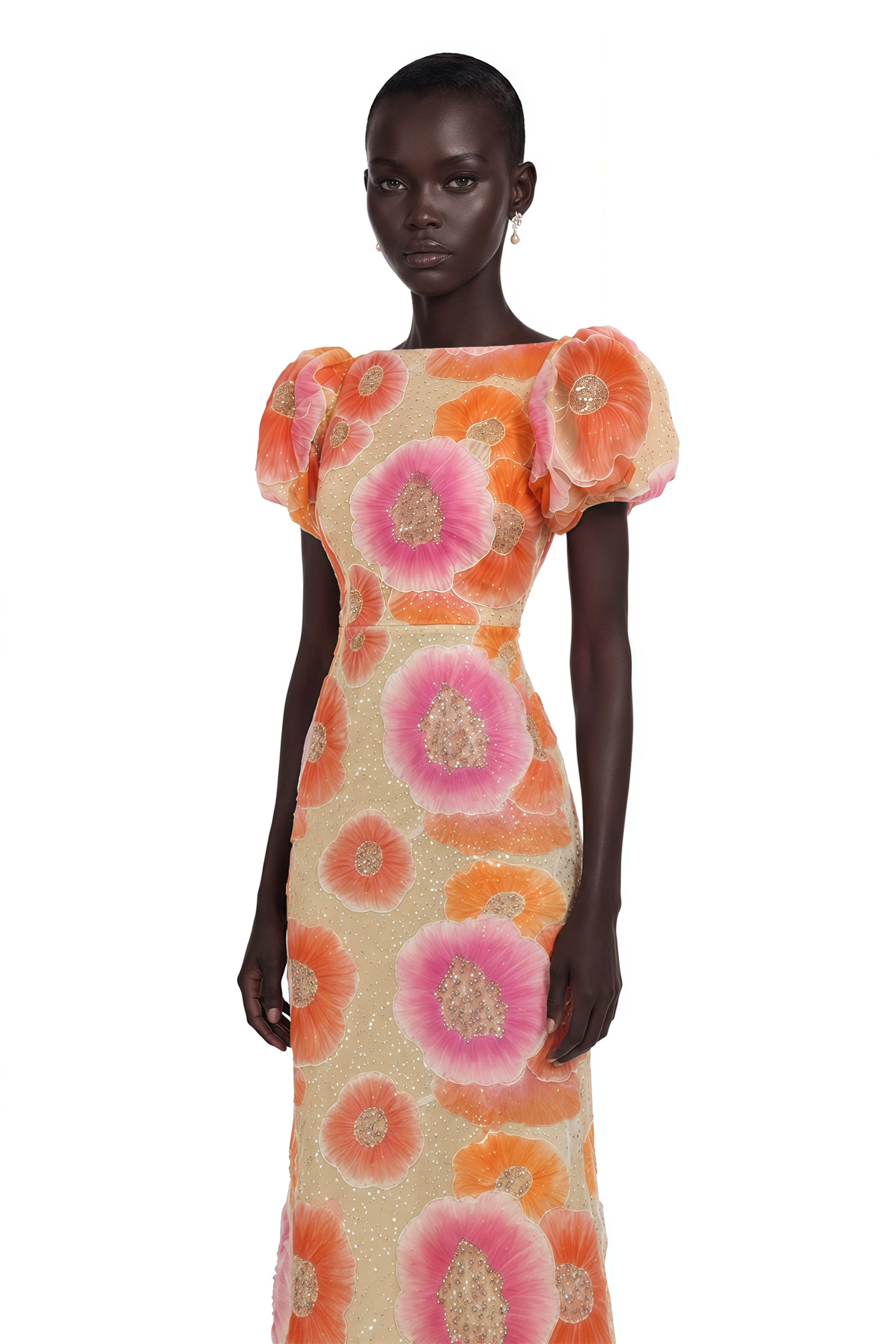 Evangeline Orange Floral Print Midi Dress with Sequins and Rhinestones