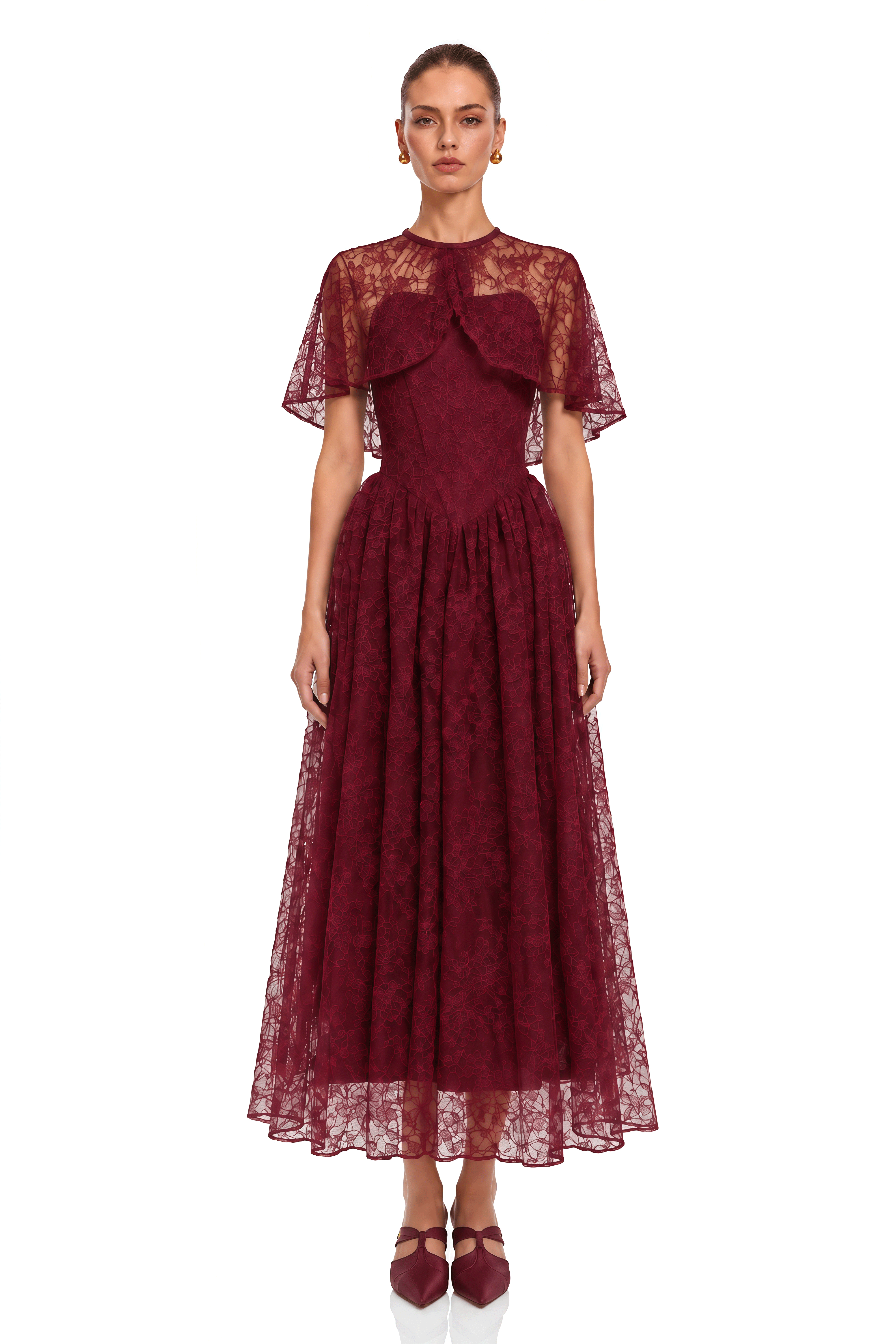 Evania Burgundy Lace Cape & Midi Dress Set