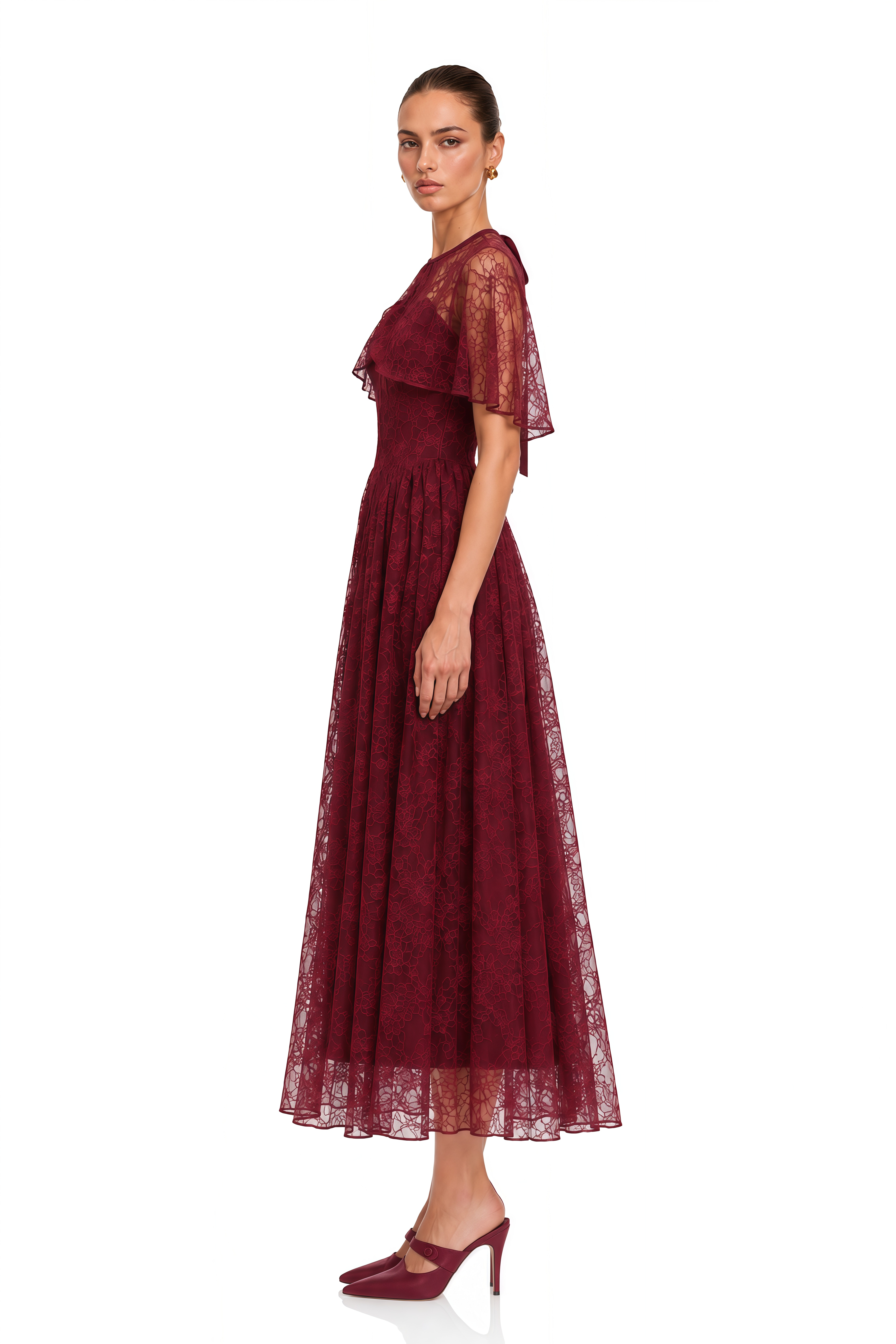 Evania Burgundy Lace Cape & Midi Dress Set
