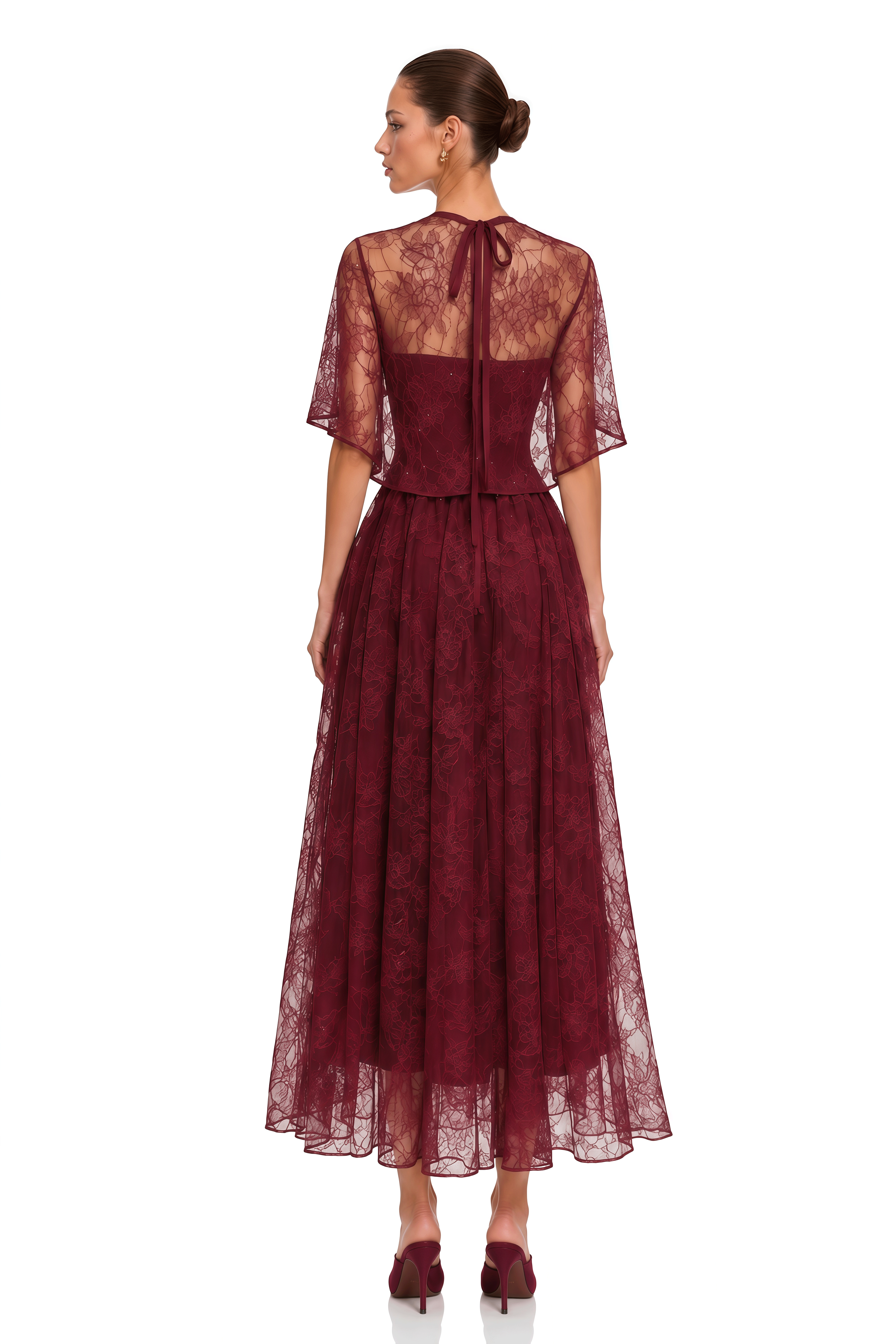 Evania Burgundy Lace Cape & Midi Dress Set
