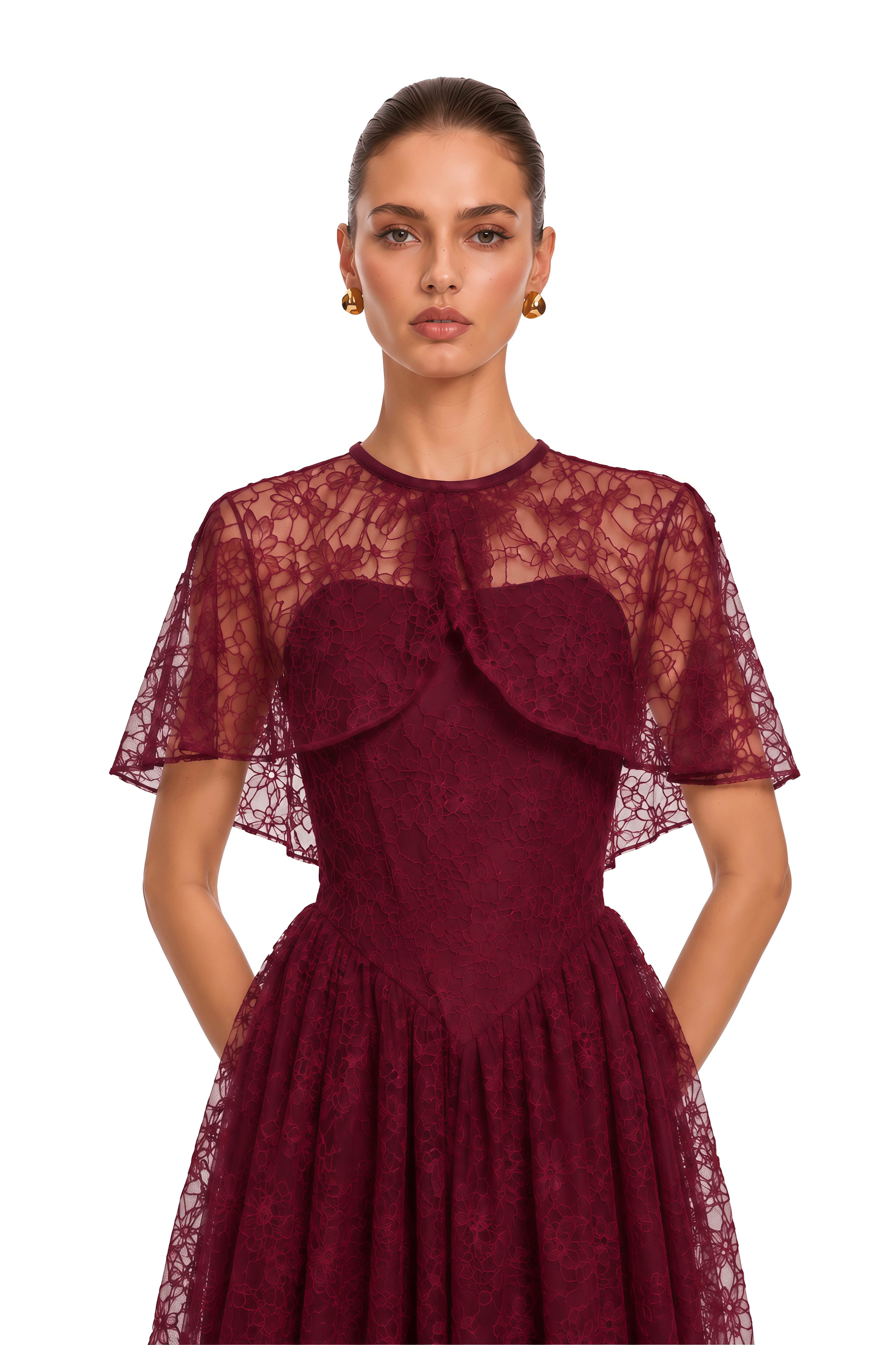 Evania Burgundy Lace Cape & Midi Dress Set