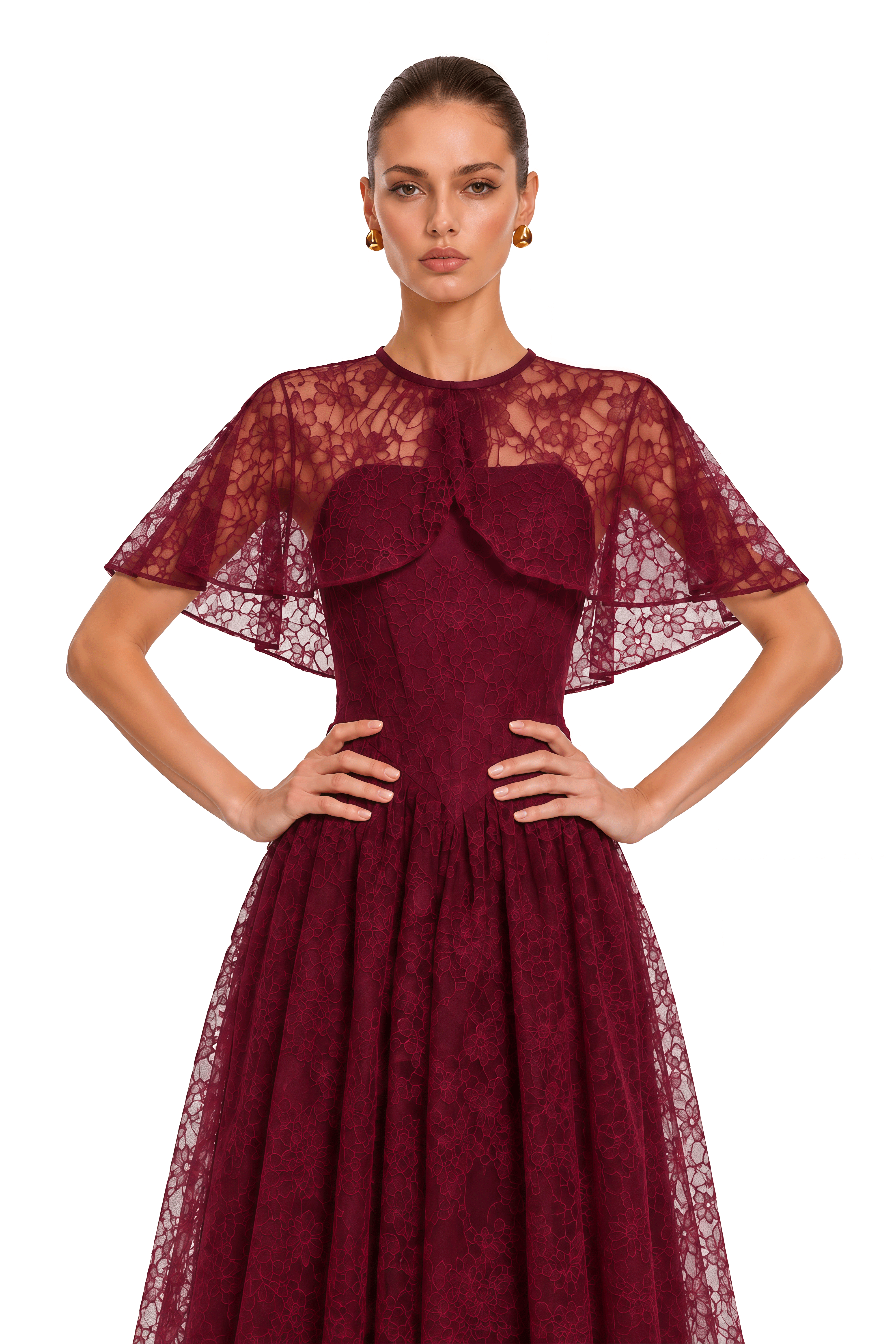 Evania Burgundy Lace Cape & Midi Dress Set