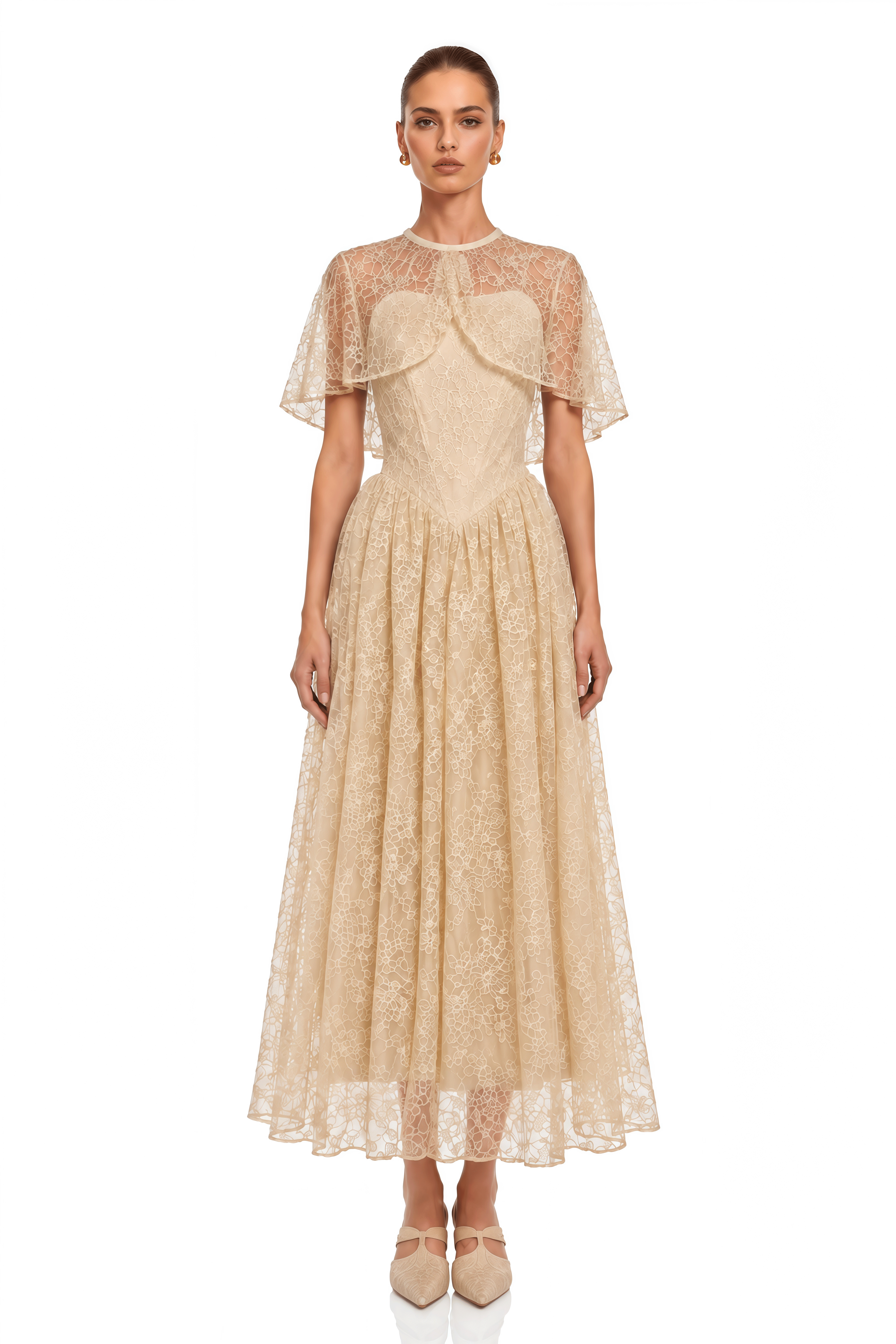 Evania Neutral Lace Cape & Midi Dress Set