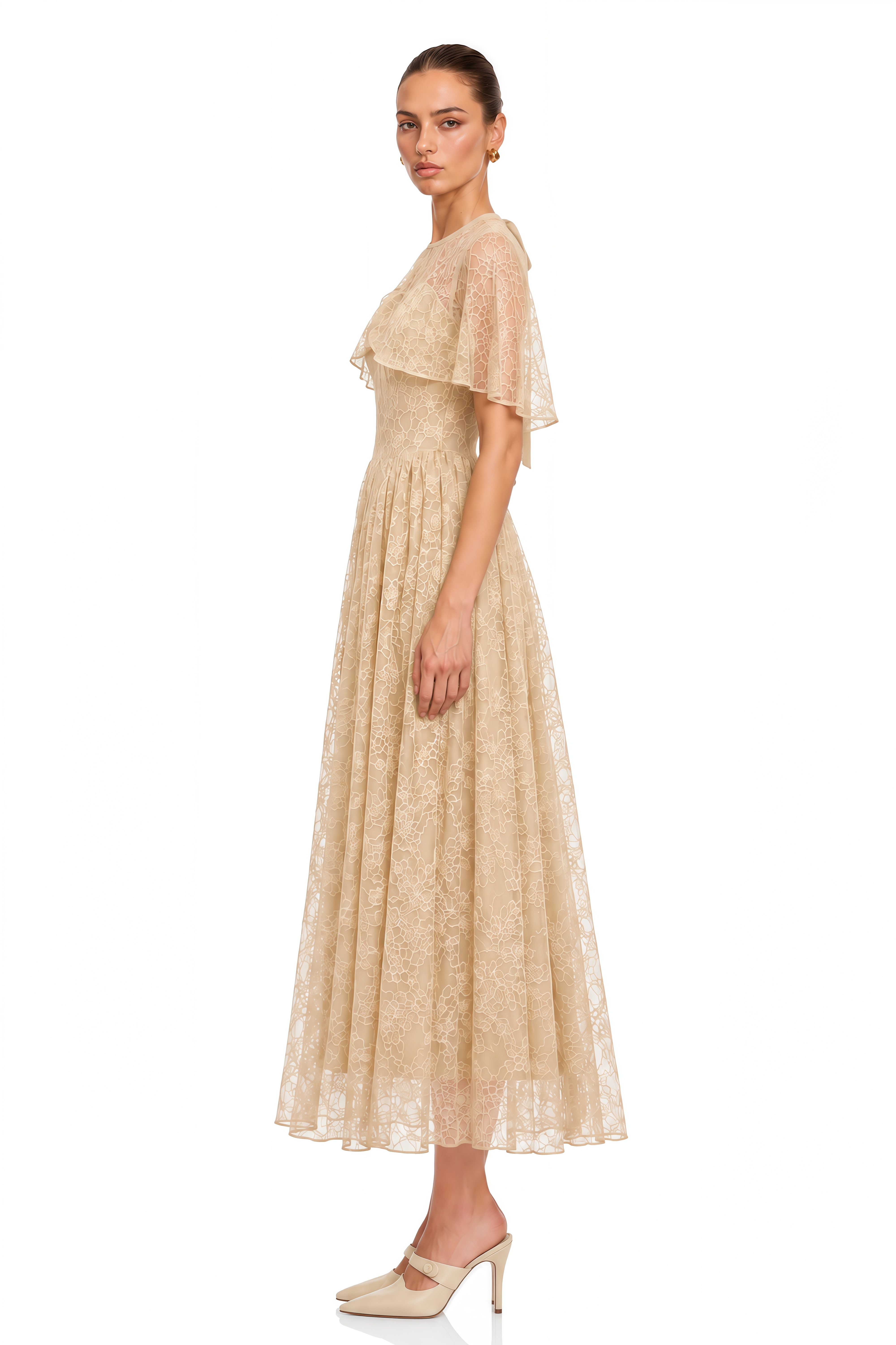 Evania Neutral Lace Cape & Midi Dress Set