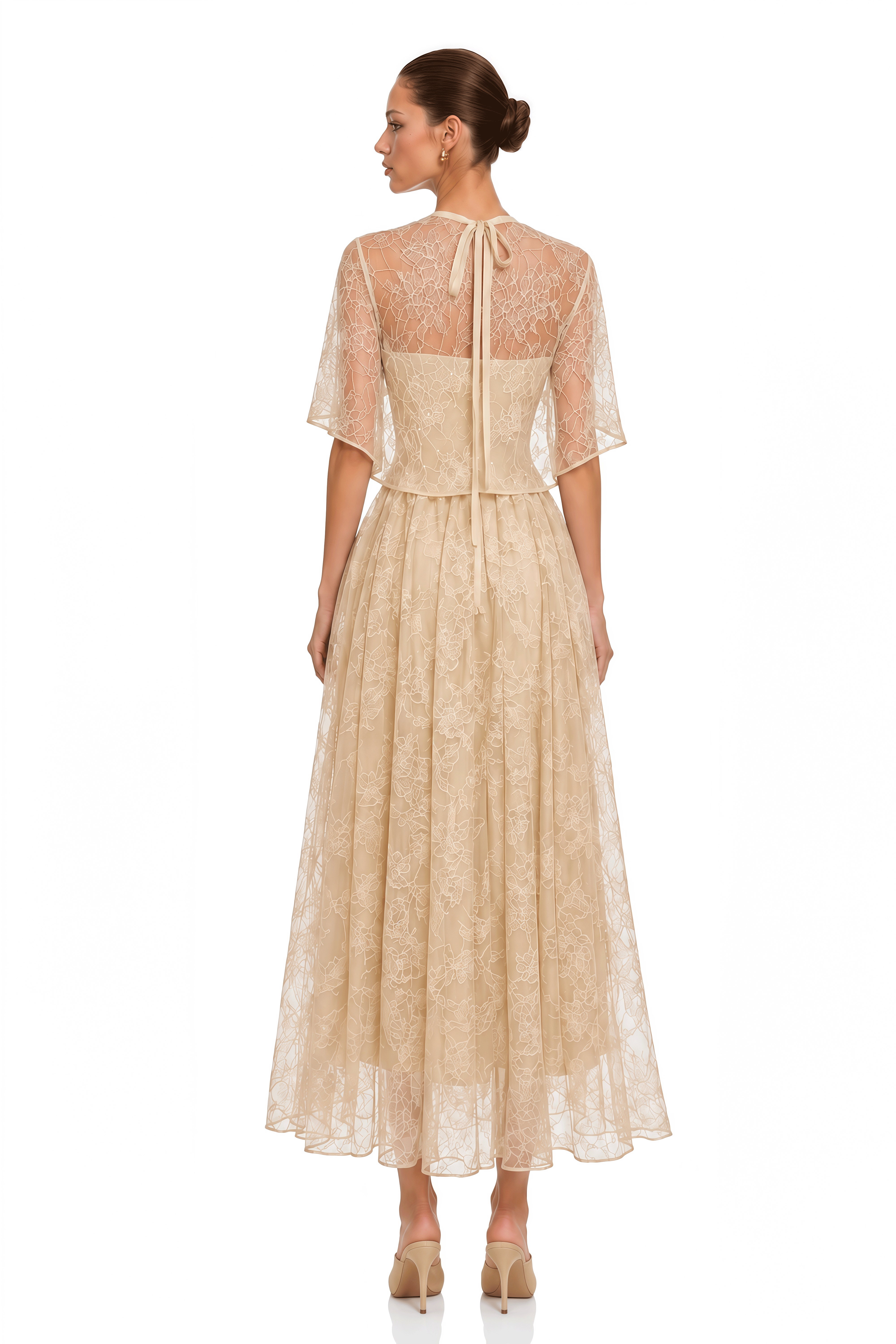 Evania Neutral Lace Cape & Midi Dress Set