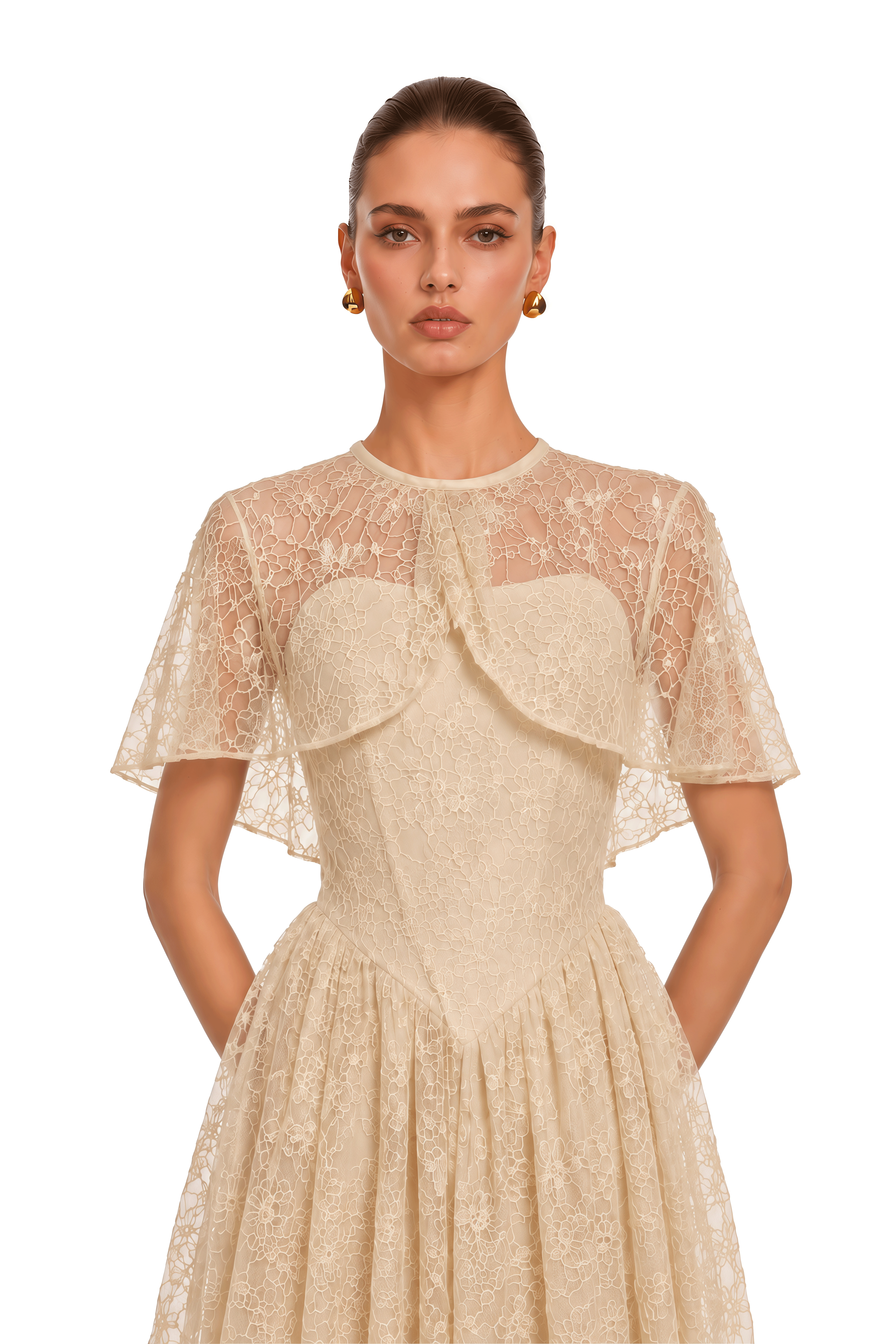 Evania Neutral Lace Cape & Midi Dress Set